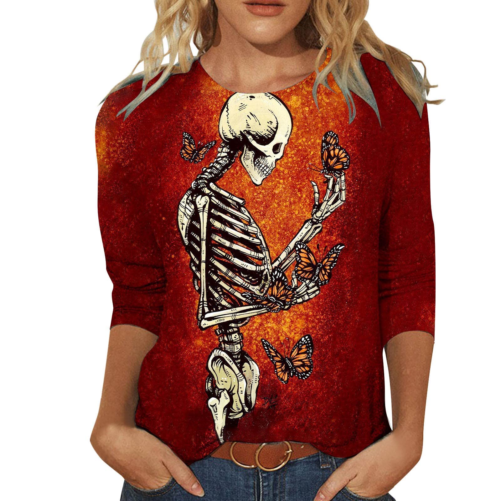 WOCACHI Women's Skeleton Graphic Long Sleeve Tunic Top - Halloween Costume & Fall Fashion Blouse for Parties, Cosplay, and Casual Wear