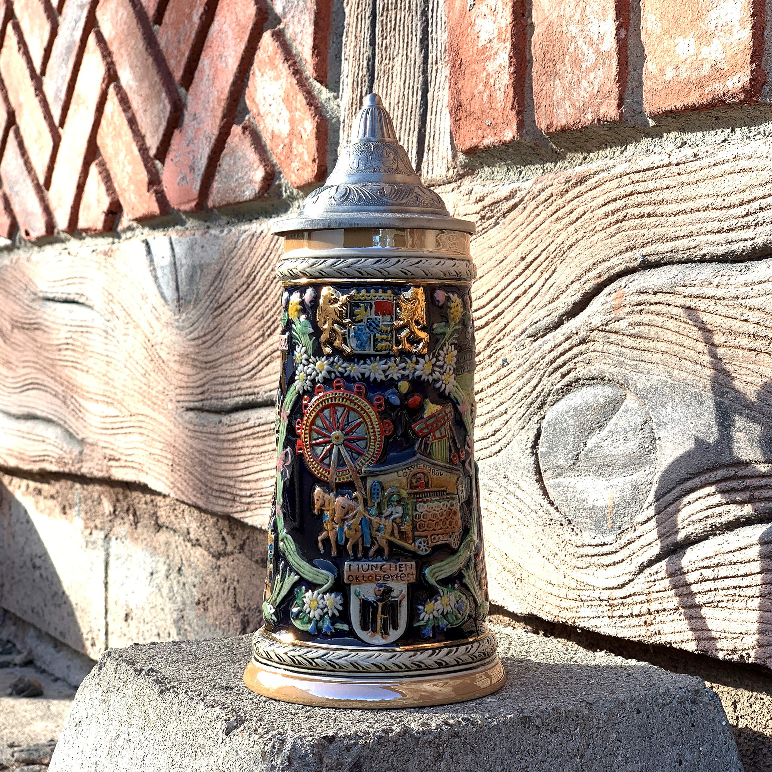 Authentic Hand-Painted Munich Oktoberfest Beer Stein with Metal Lid - 1 Liter Large German Beer Tankard Mug for Oktoberfest & Home Brewing - Perfect Gift for Beer Lovers & Collectors - Ideal for Oktoberfest Celebrations, Home Bars & Man Cave Decor