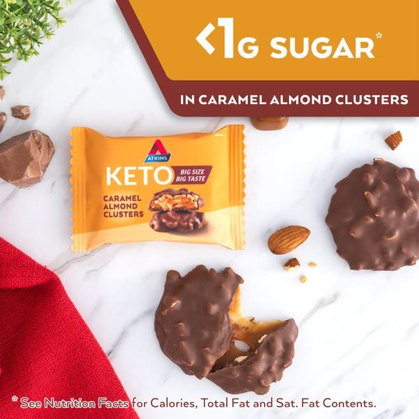 Atkins Caramel Almond Clusters - Gluten Free, High Fiber, Low Sugar (1g), Keto Friendly Snack - 2g Net Carbs, 20 Count - Perfect for Keto Diet, Weight Loss & Healthy On-the-Go Snacking