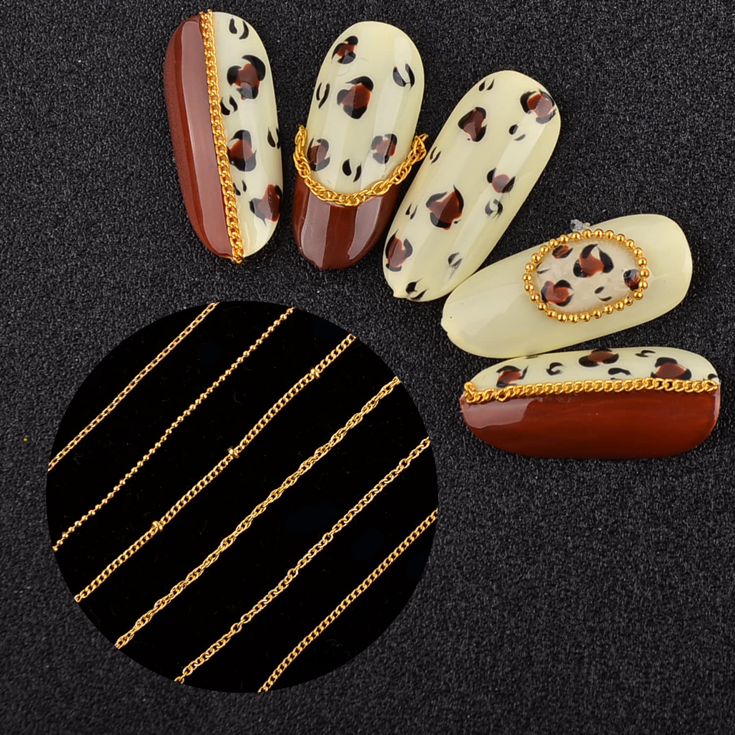 6 Strips 3D Metal Nail Art Chains - Gold Punk Nail Studs & Beads for Nail Art Decoration | DIY Manicure Jewelry Accessories for Punk, Gothic & Party Nail Designs