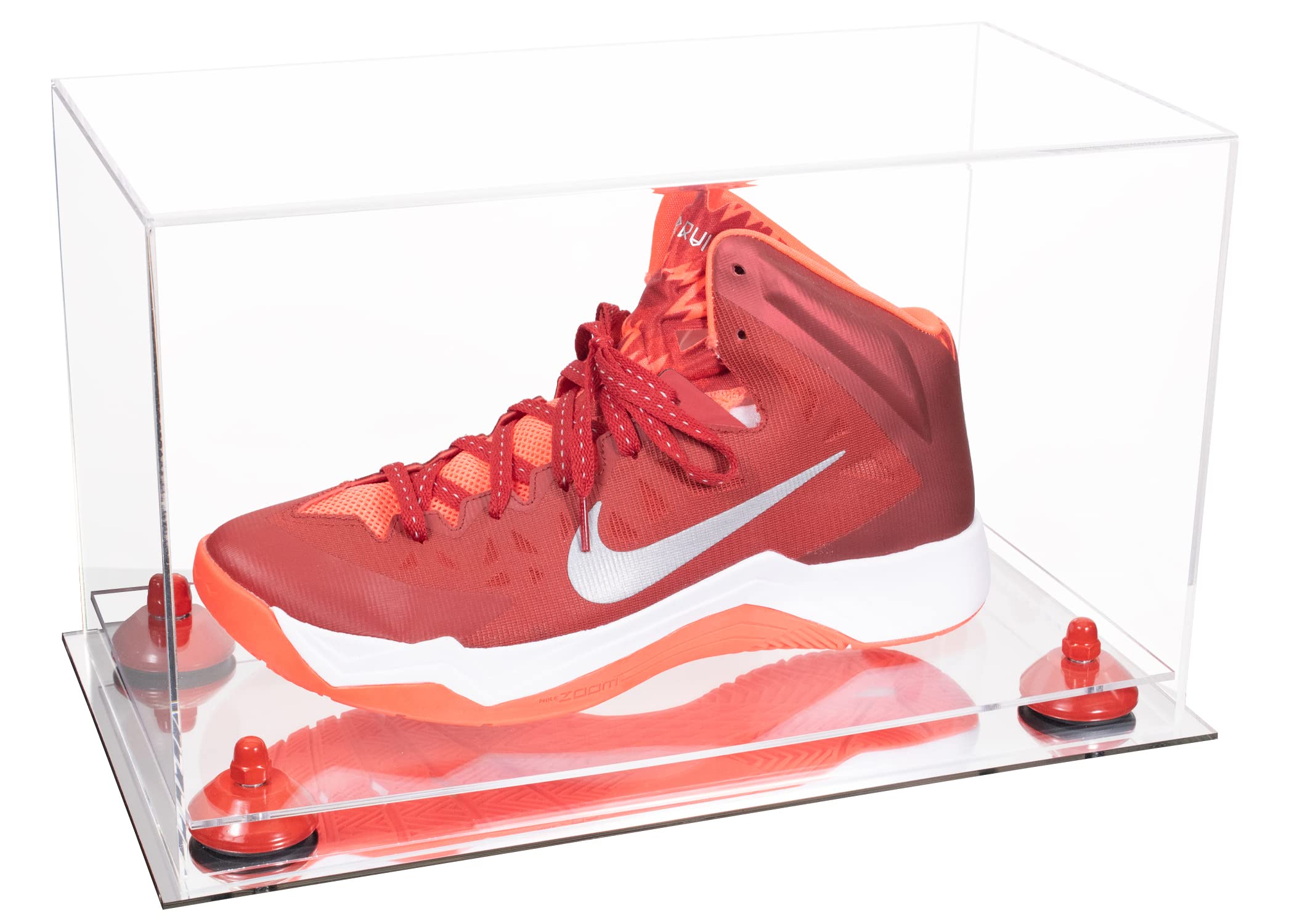 Clear Acrylic Large Shoe Display Case with Red Risers & Mirror Base - Perfect for Basketball Shoes, Soccer Cleats & Football Cleats (V11/A013) | Ideal for Sneaker Collection, Sports Memorabilia Display & Home Decor