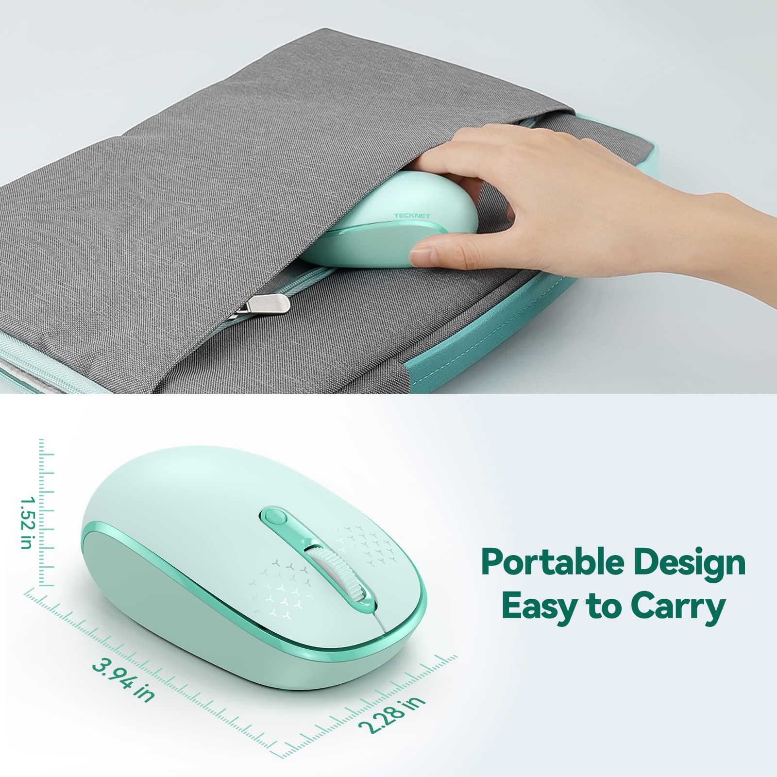 TECKNET 2.4G Wireless Quiet Mouse for Laptop, PC, Mac, Chromebook - 4 Buttons, 800/1200/1600 DPI, USB Receiver, Portable Cordless Design in Mint Green for Office, Home, and Travel Use