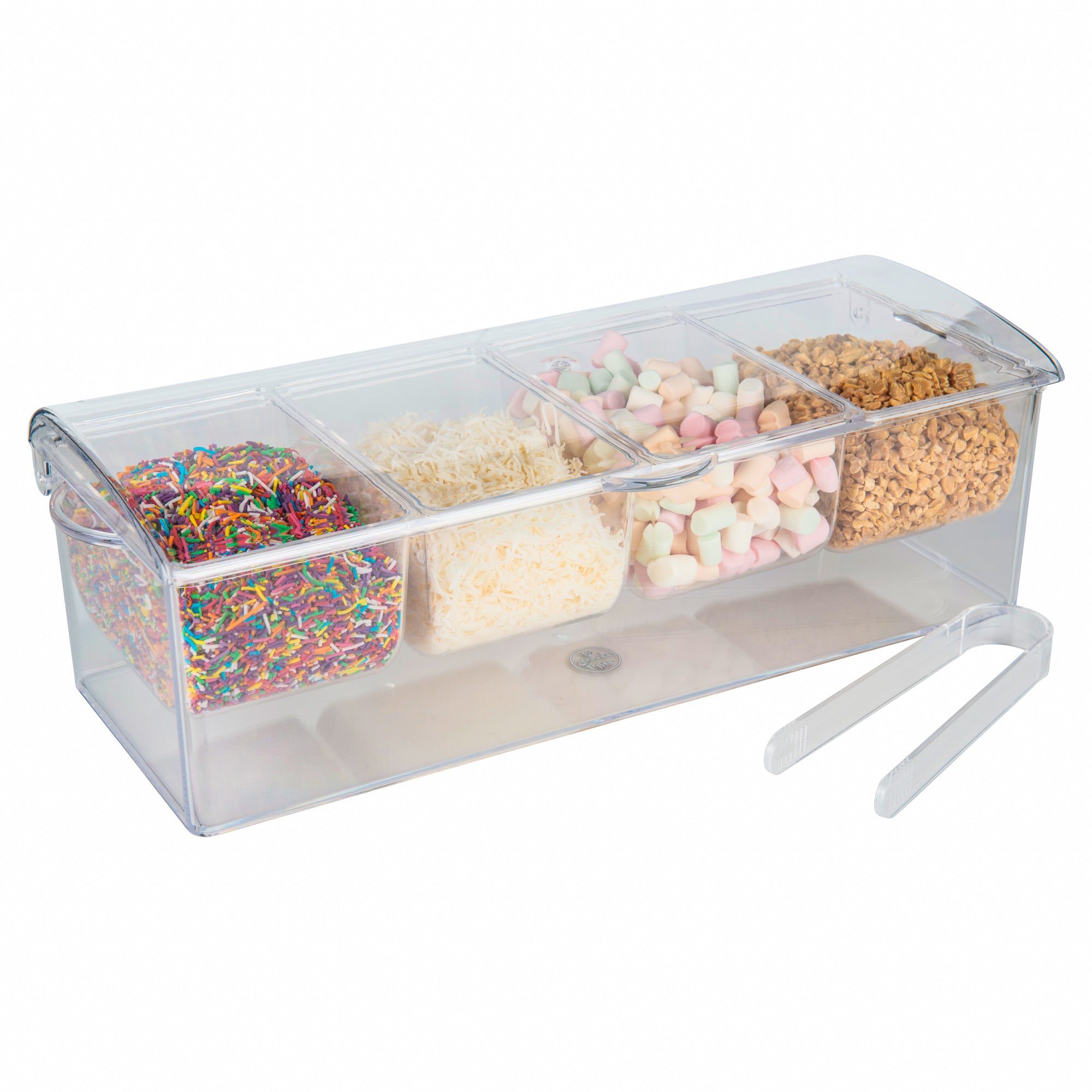 Stainless Steel Condiment Serving Container with 4 Removable Inserts & Tongs - Perfect for Parties, BBQs, and Buffet Style Dining