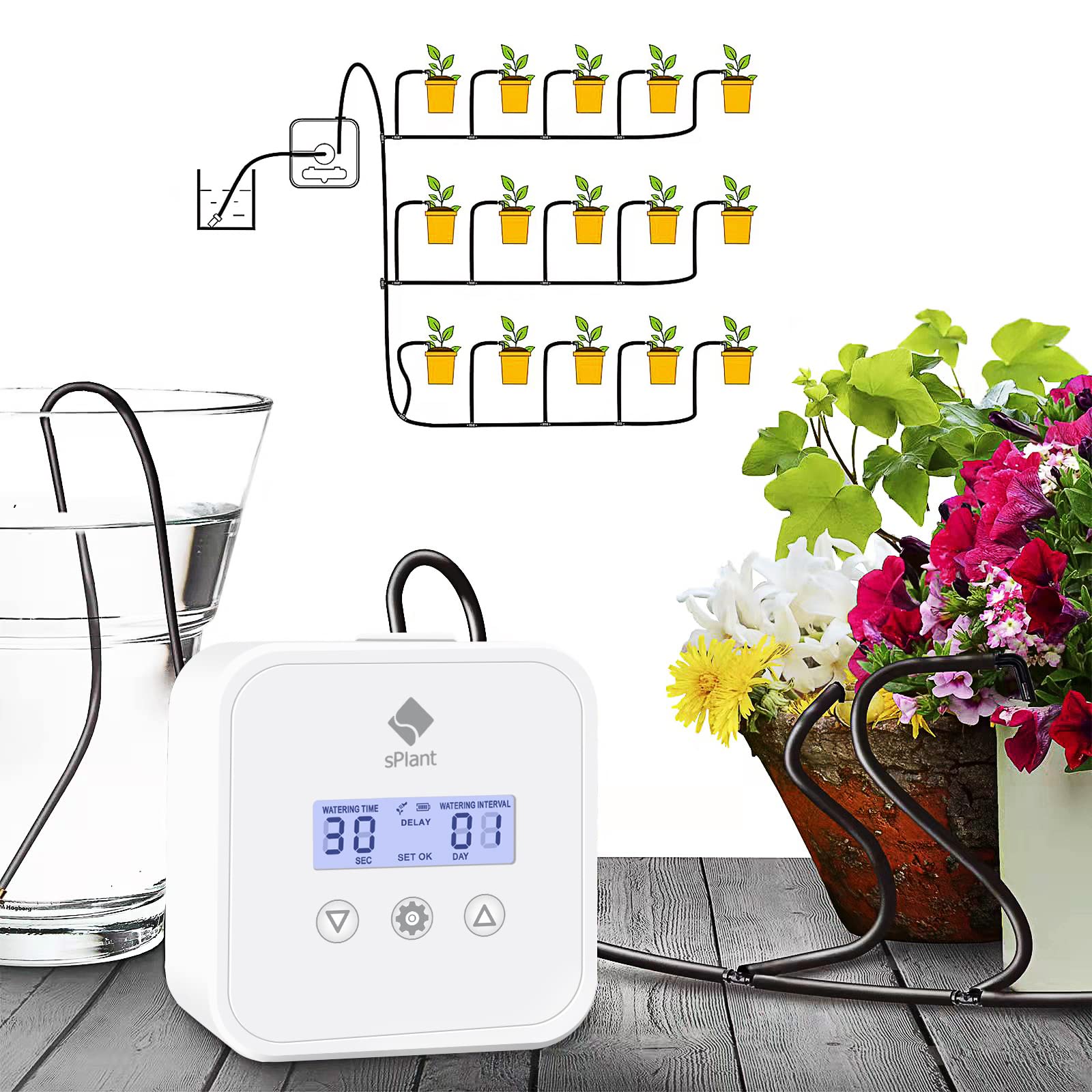 Upgraded LCD Automatic Drip Irrigation Kit for 15 Plants - DIY Self Watering System with Digital Programmable Timer - Indoor House Plant Waterer for Vacation & Home Gardening - Perfect for Potted Plants, Greenhouses, and Balcony Gardens