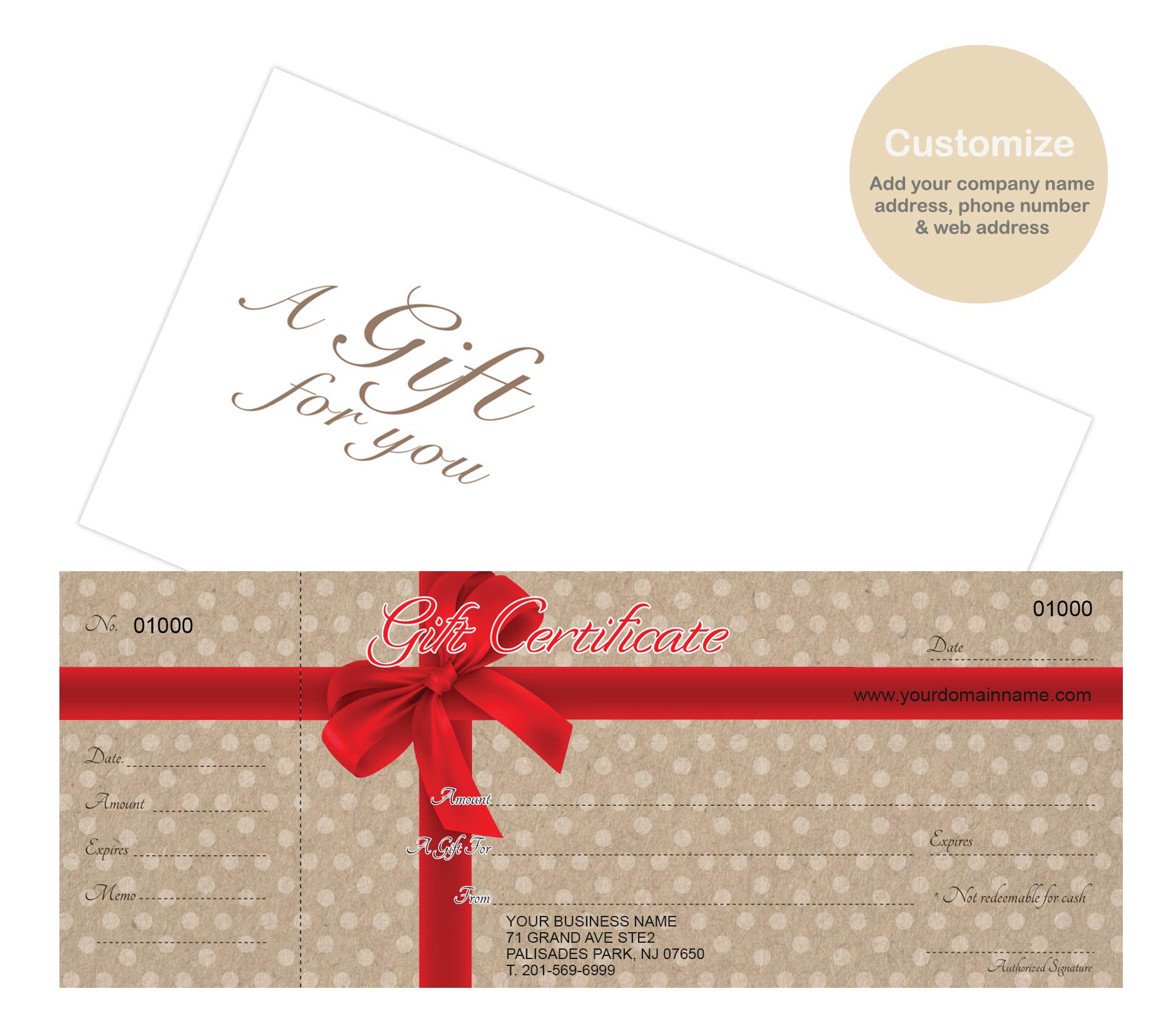 Custom Gift Certificate Cards with Envelopes - 100 Pack Red Ribbon Dot Design - Perfect for Small Business Gifts, Rewards & Loyalty Programs | Office, Retail & Hospitality Use