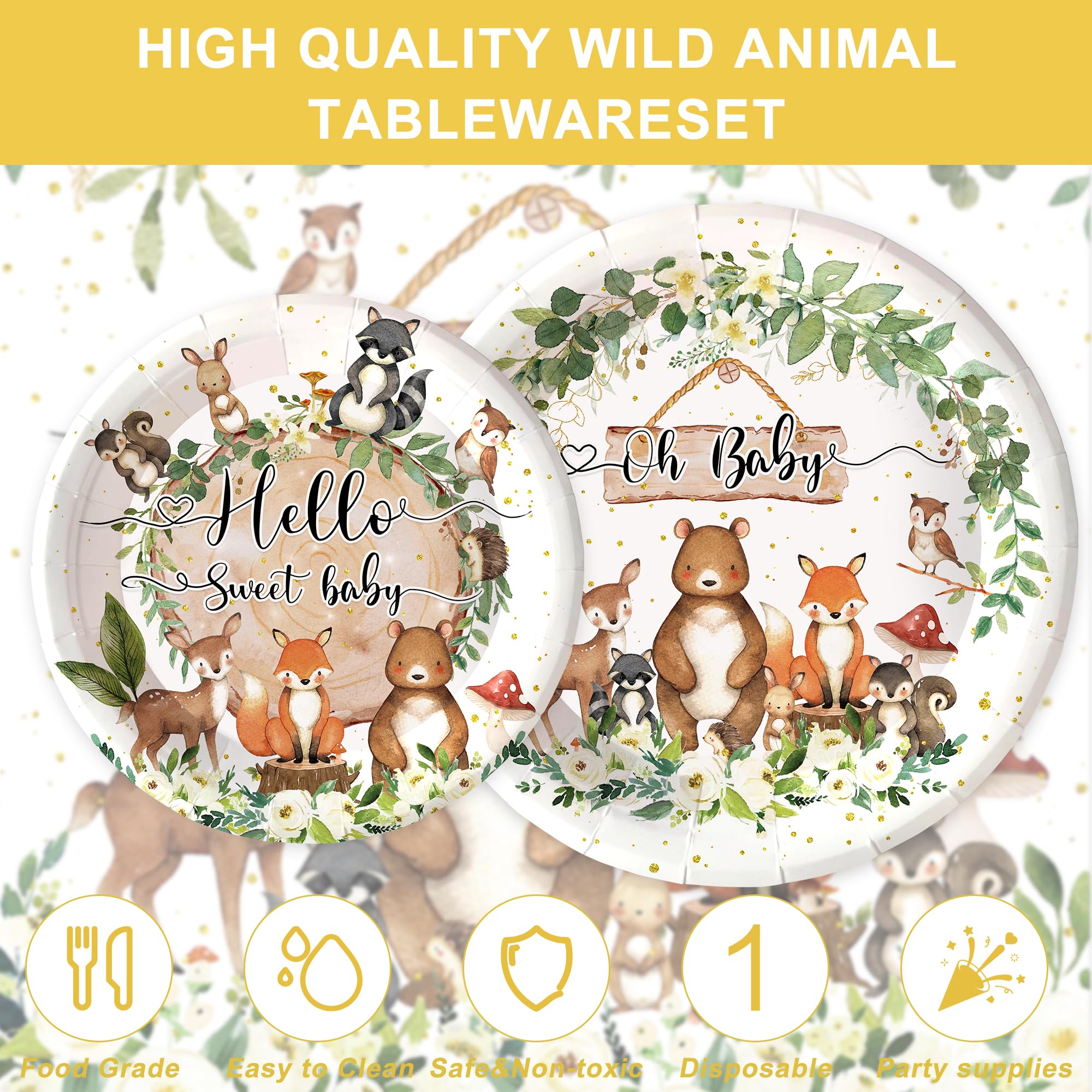 122PCS Woodland Baby Shower Party Supplies Set - Safari Jungle Wild Animal Theme Decorations with Nature Sage Plates, Napkins, Cups, Forks, Knives, Banner & Tablecloth - Perfect for Boys & Girls Baby Shower Party (Serves 20 Guests) | Ideal for Jungle-Themed Celebrations, First Birthdays, and Gender Reveal Parties
