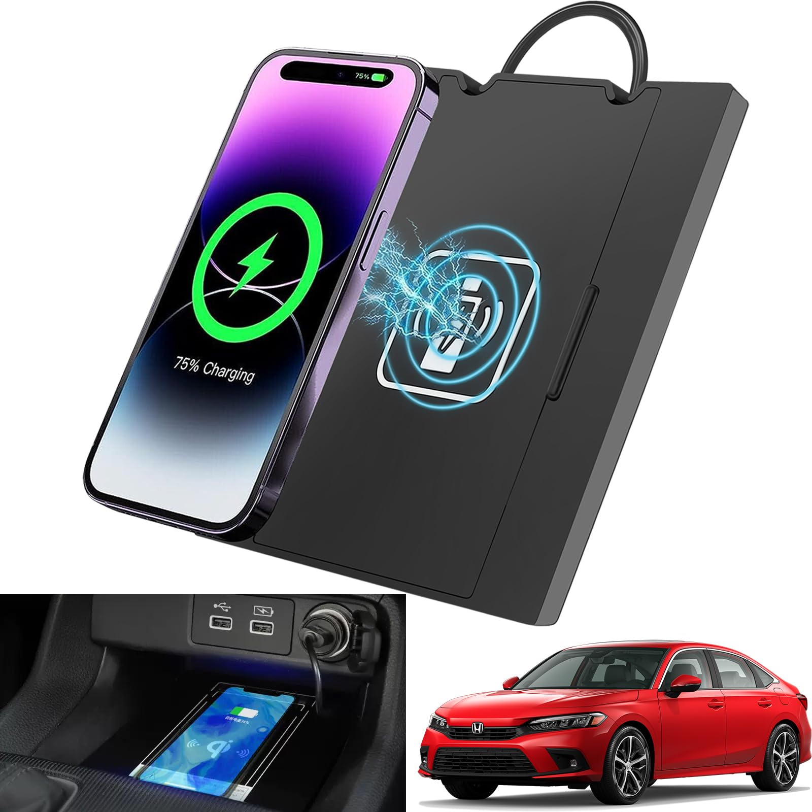 2022-2025 Honda Civic 15W Fast Wireless Charger Pad - Qi Certified Car Charging Station with USB Port - Perfect for Commuting & Road Trips