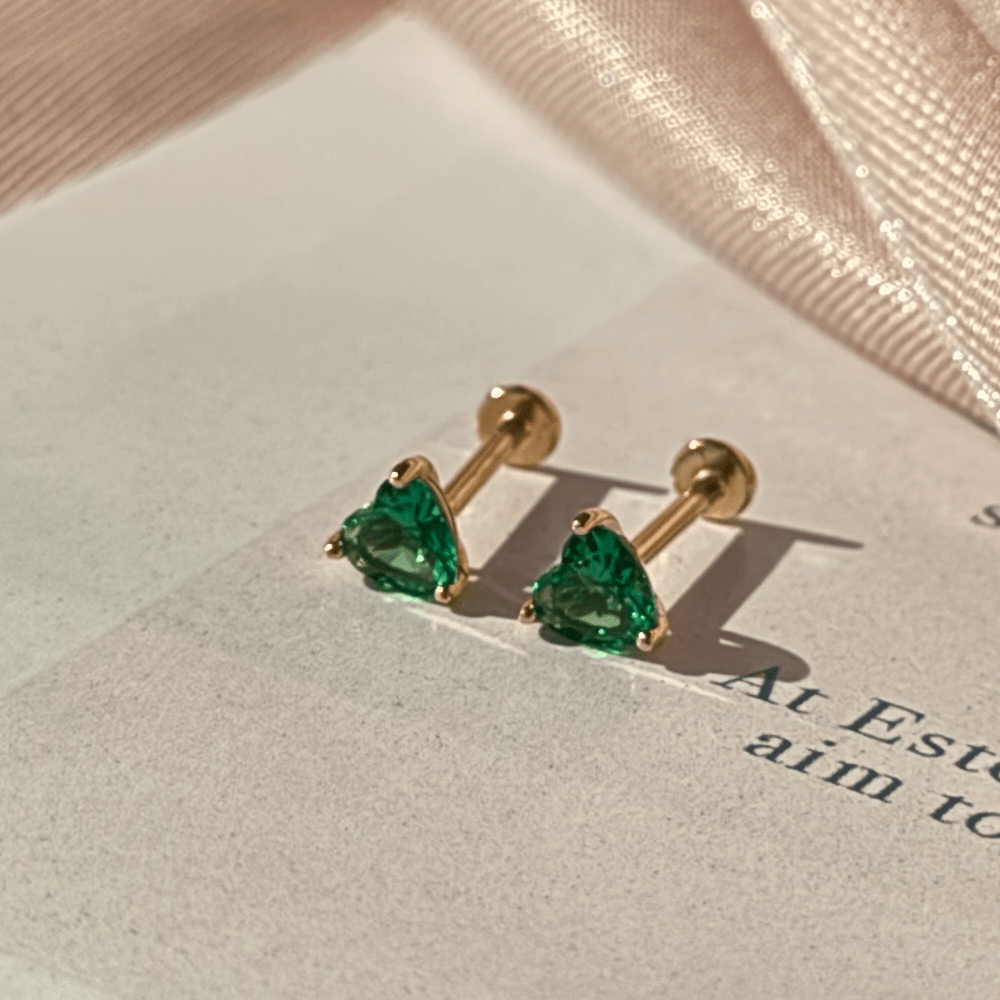 14K Solid Yellow Gold Emerald Heart Stud Earrings for Women - Perfect for Valentine's Day Gifts, Anniversary Presents & Everyday Elegance