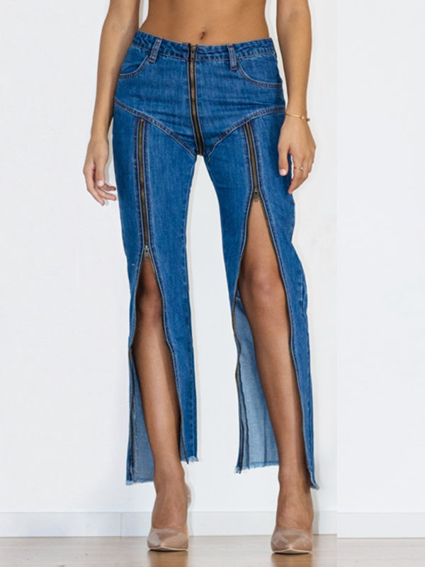 ZASUWA Women's High Waist Stretch Denim Flare Leggings with Zipper - Trendy Casual Pants for Everyday Wear, Work & Date Night Outfits