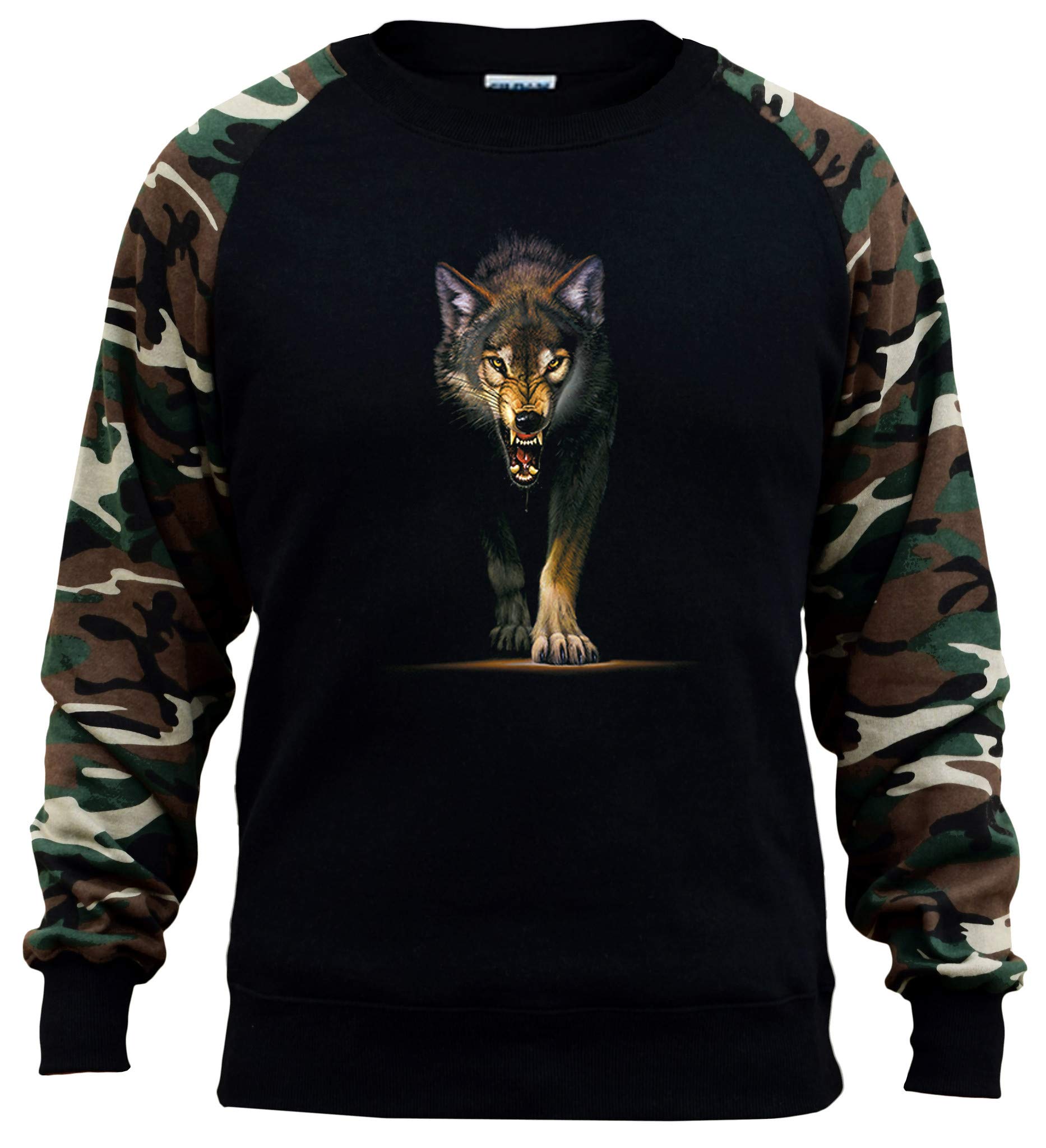Men's Stalking Wolf Black Camo Raglan Baseball Sweatshirt - Comfortable Pullover Hoodie for Casual Wear, Outdoor Activities & Street Style Fashion