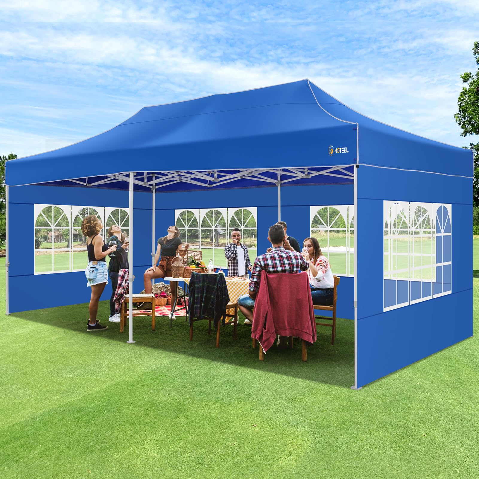 HOTEEL 10x20 Pop Up Canopy Tent - Heavy Duty Commercial Instant Gazebo with 6 Sidewalls, Roller Bag & Sand Bags - Easy Setup Hexagonal Frame for Outdoor Weddings, Parties, Events & Farmers Markets (Blue)