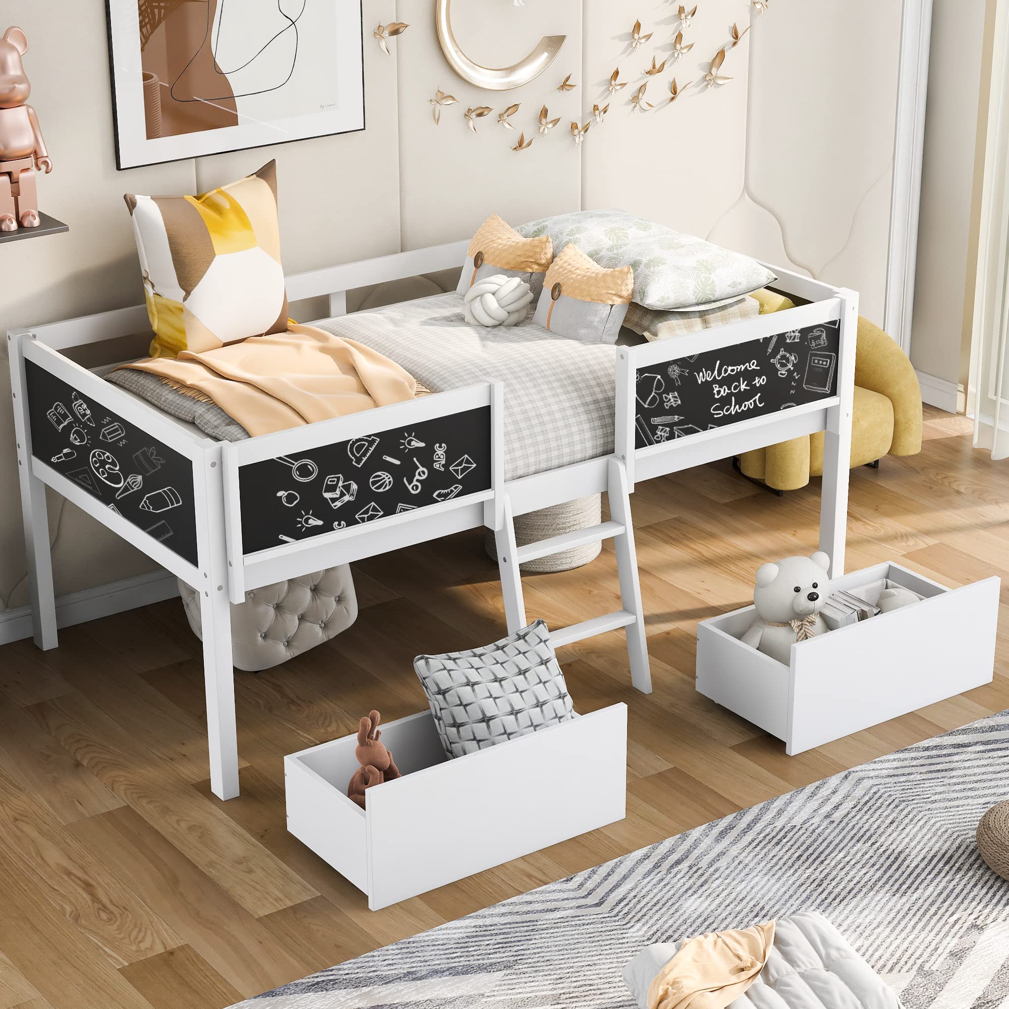 **White Twin Loft Bed with Two Movable Drawers & Ladder - Wooden Low Loft Bed for Kids with Decorative Guardrail & Chalkboard - Perfect for Boys & Girls Bedroom, Small Spaces & Play Areas**