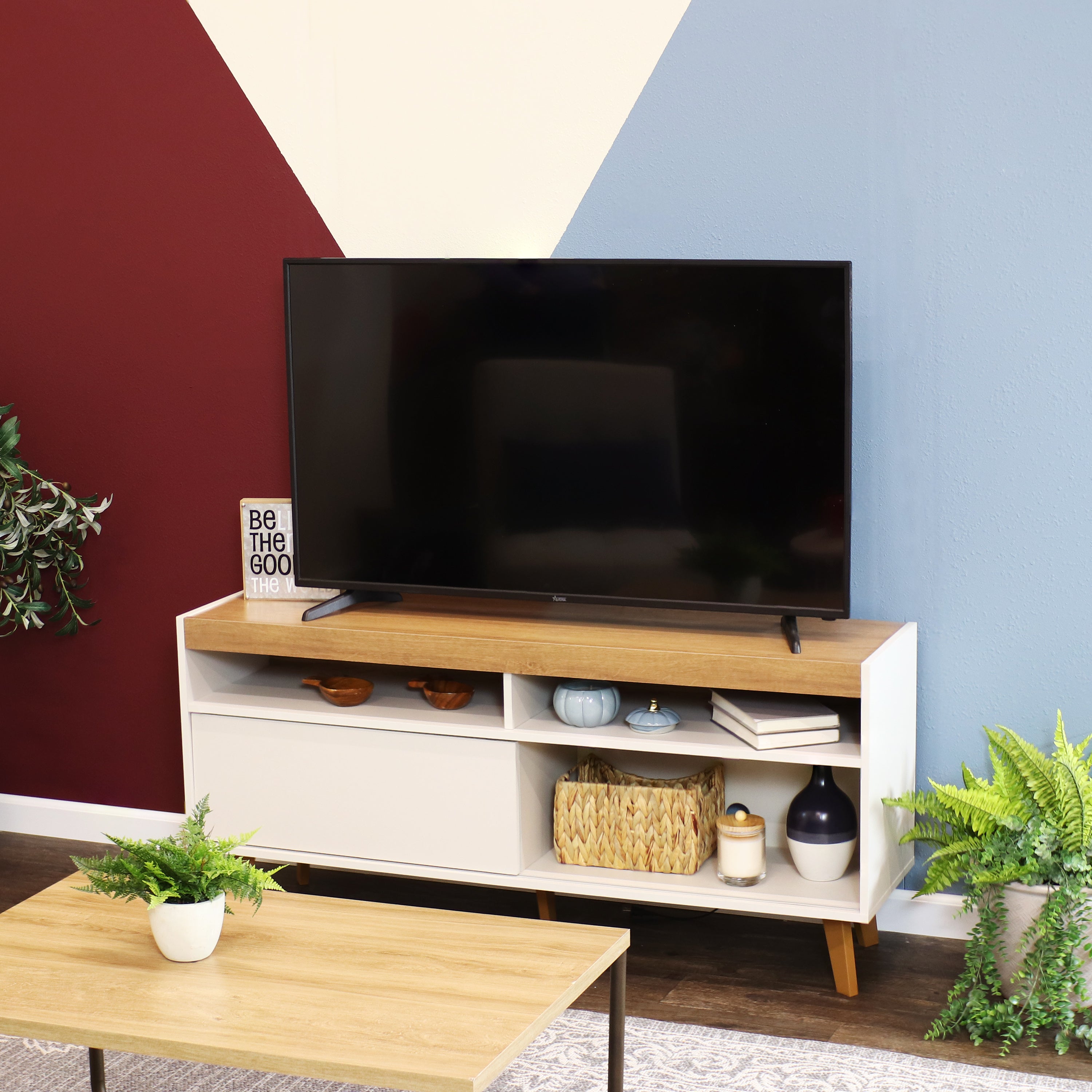 Mid Century Modern TV Stand for 58 Inch Flat Screen - Sunnydaze Retro Entertainment Center with Storage for Living Room & Home Theater