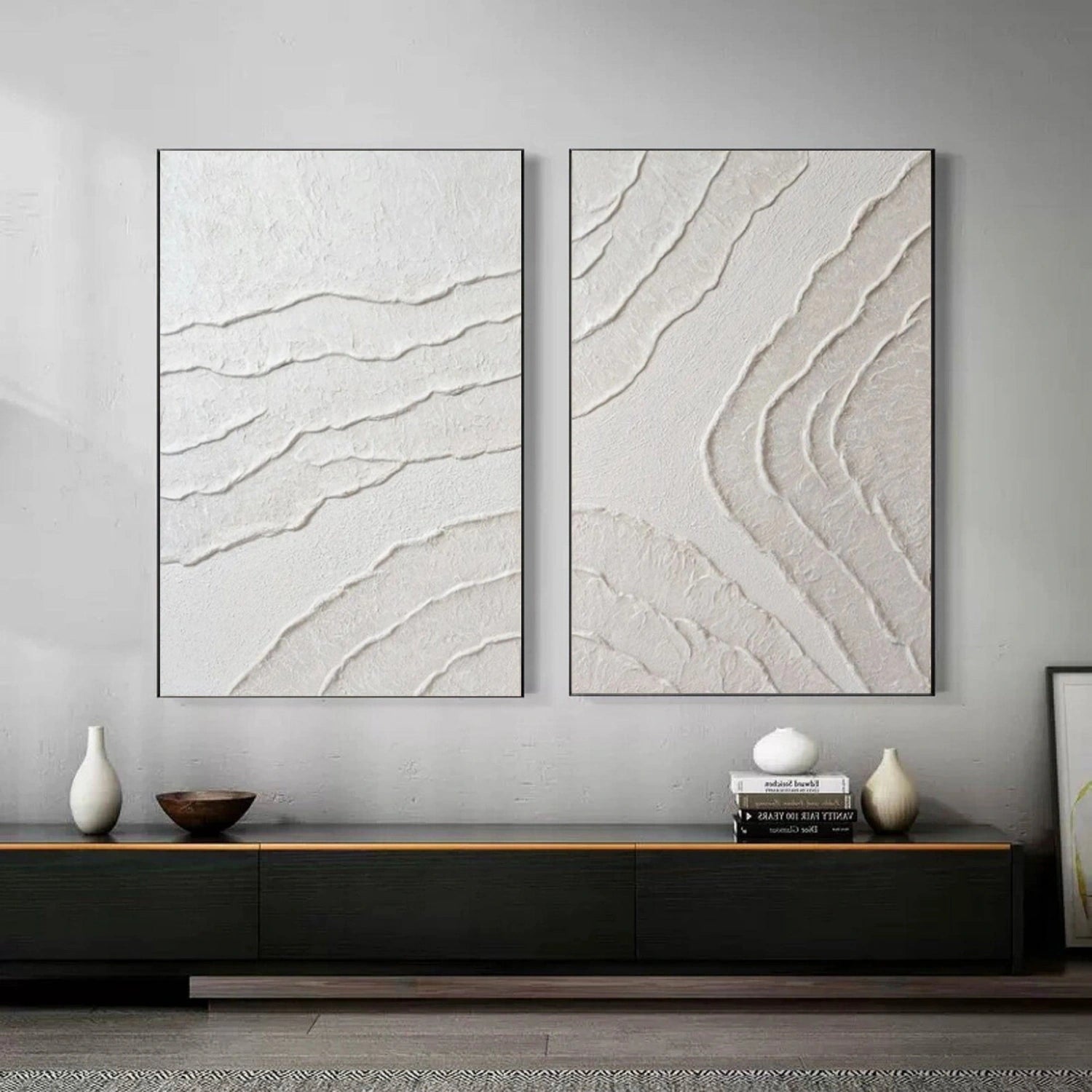 White Minimalist Textured Painting Canvas Set of 2 - Modern Abstract Wall Art for Living Room & Bedroom Decor #MM305
