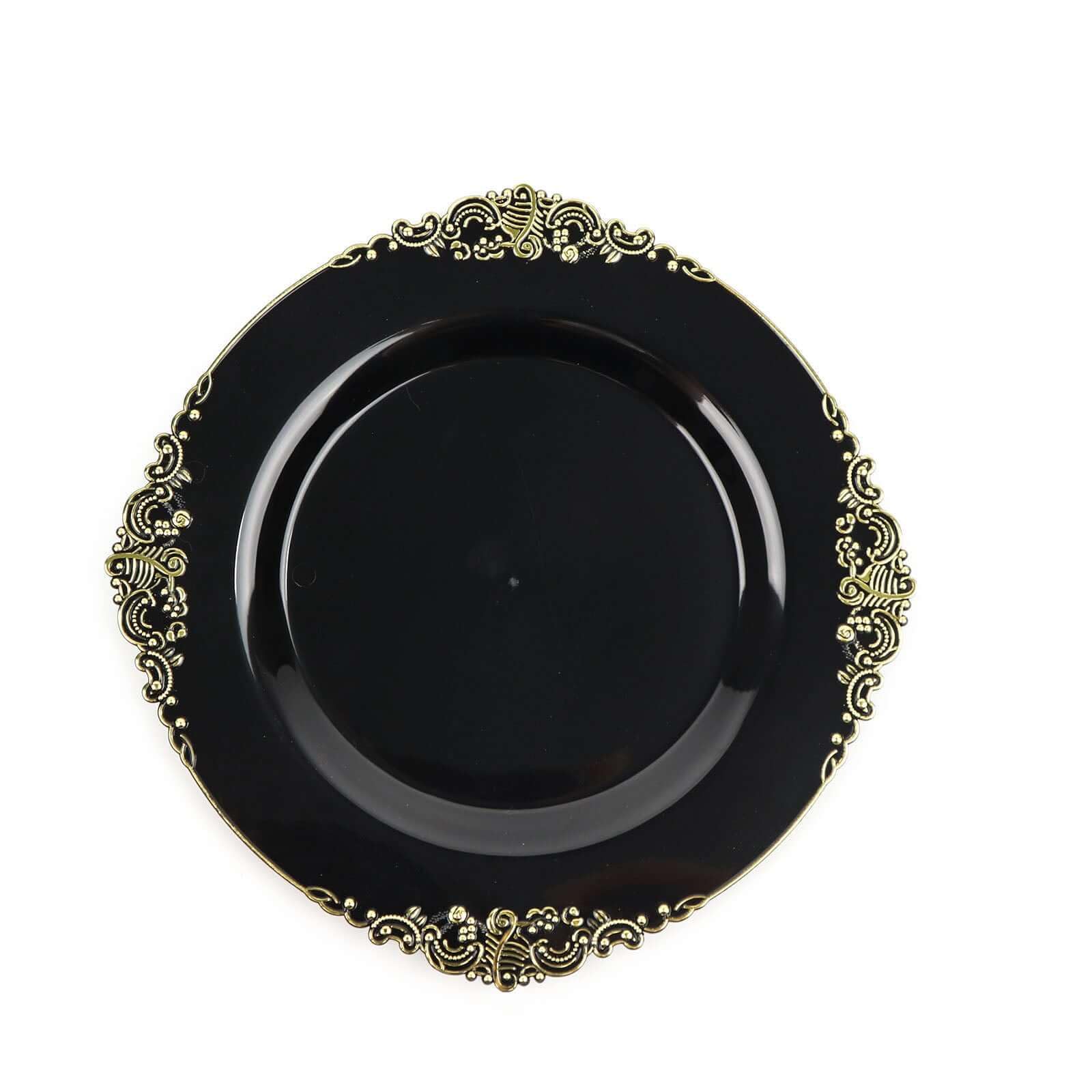Efavormart 10 Pack Black Gold Baroque 8 Inch Round Plastic Dessert Plates - Elegant Disposable Salad Plates with Leaf Embossed Gold Rim for Parties, Weddings & Special Events
