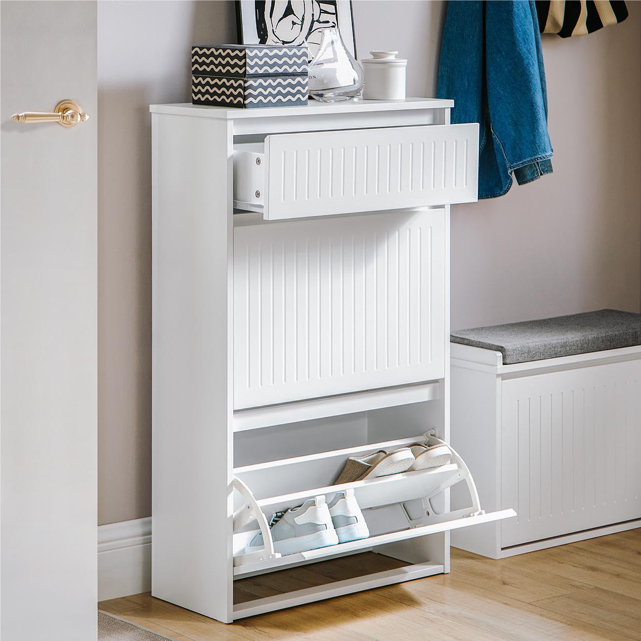 Haotian Freestanding Shoe Storage Cabinet - White Entryway Shoe Organizer with Narrow Design for Hallway | Perfect for Small Spaces, Closet Organization & Entryway Decor (Model FSR165-W)