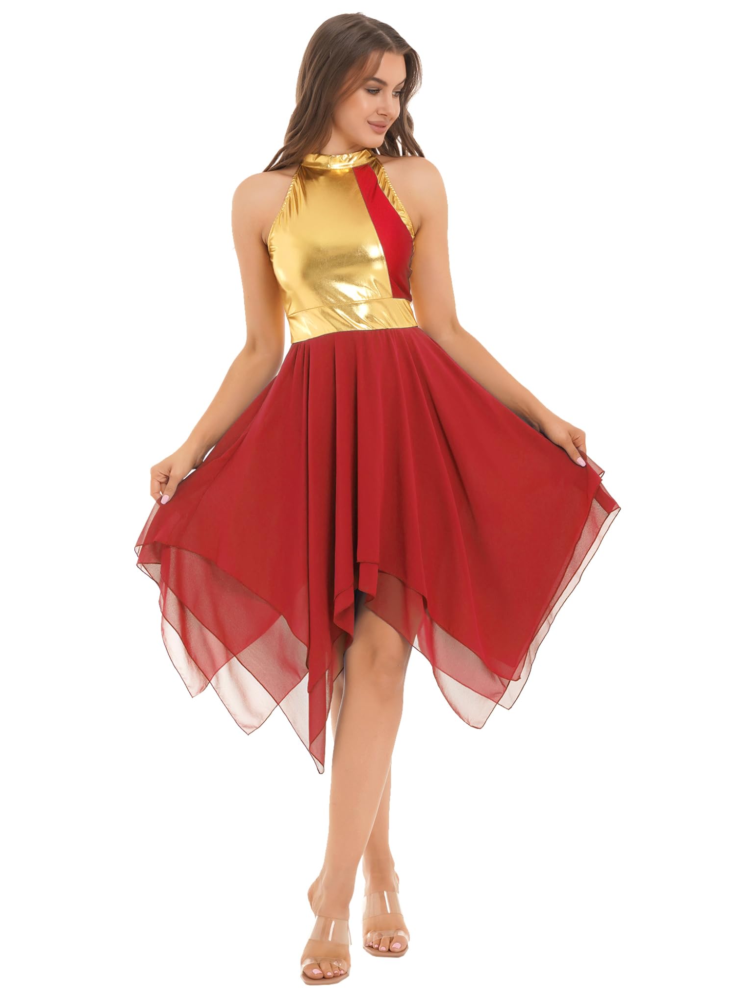Women's Liturgical Praise Dance Dress - Color Block Sleeveless Tunic with Asymmetrical Hem - Worship & Lyrical Dance Costume for Church Performances & Spiritual Events