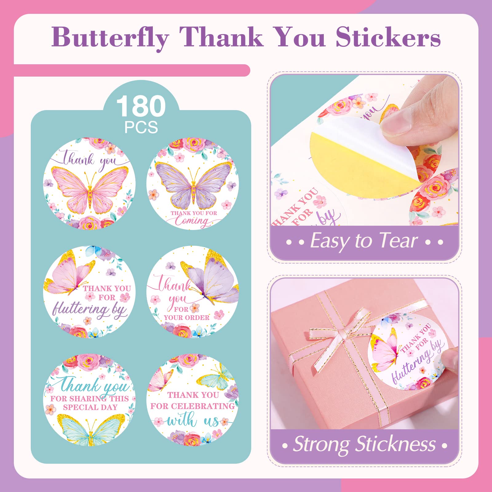 180pcs Butterfly Thank You Stickers - Fluttering by Thanks Labels & Seals for Baby Shower, Wedding, Bridal Shower, Birthday Party Supplies | Perfect for DIY Invitations, Gift Wrapping & Scrapbooking