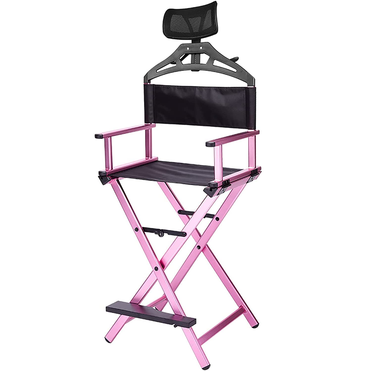 Professional Makeup Artist Chair with Headrest - Portable Folding Director's Chair, Lightweight Aluminum Frame, Adjustable Height (Pink) - Perfect for Salon, Film Set, Home Makeup Studio & Photography Sessions
