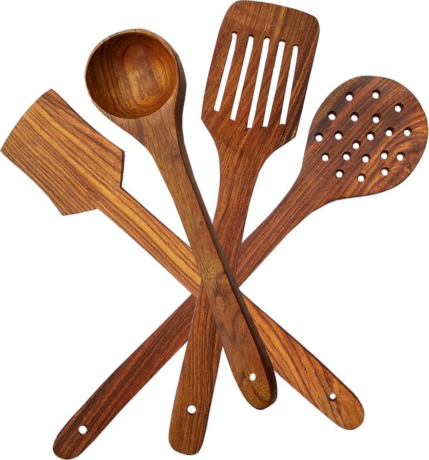 Premium SRE 4-Piece Wooden Spatula Set - Non-Toxic, Non-Stick Kitchen Utensils (Brown) - Includes Spatula, Ladle & Cooking Spoon - Ideal for Baking, Cooking & Serving - BZ_Set of 4 SRE 16