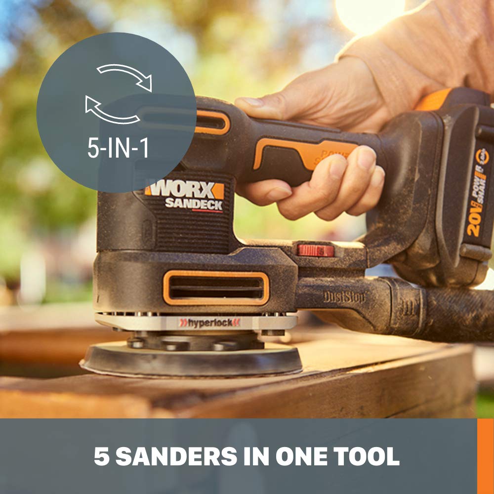 WORX 20V Cordless Random Orbital Sander - 5-in-1 Multi-Sander with Battery & Charger (WX820L) - Perfect for Woodworking, Sanding Furniture, DIY Projects & Home Renovation