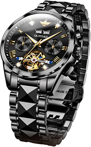 OLEVS Automatic Men's Luxury Skeleton Mechanical Watch - Black Stainless Steel Waterproof Wristwatch for Business, Formal & Casual Wear | Perfect Gift for Him