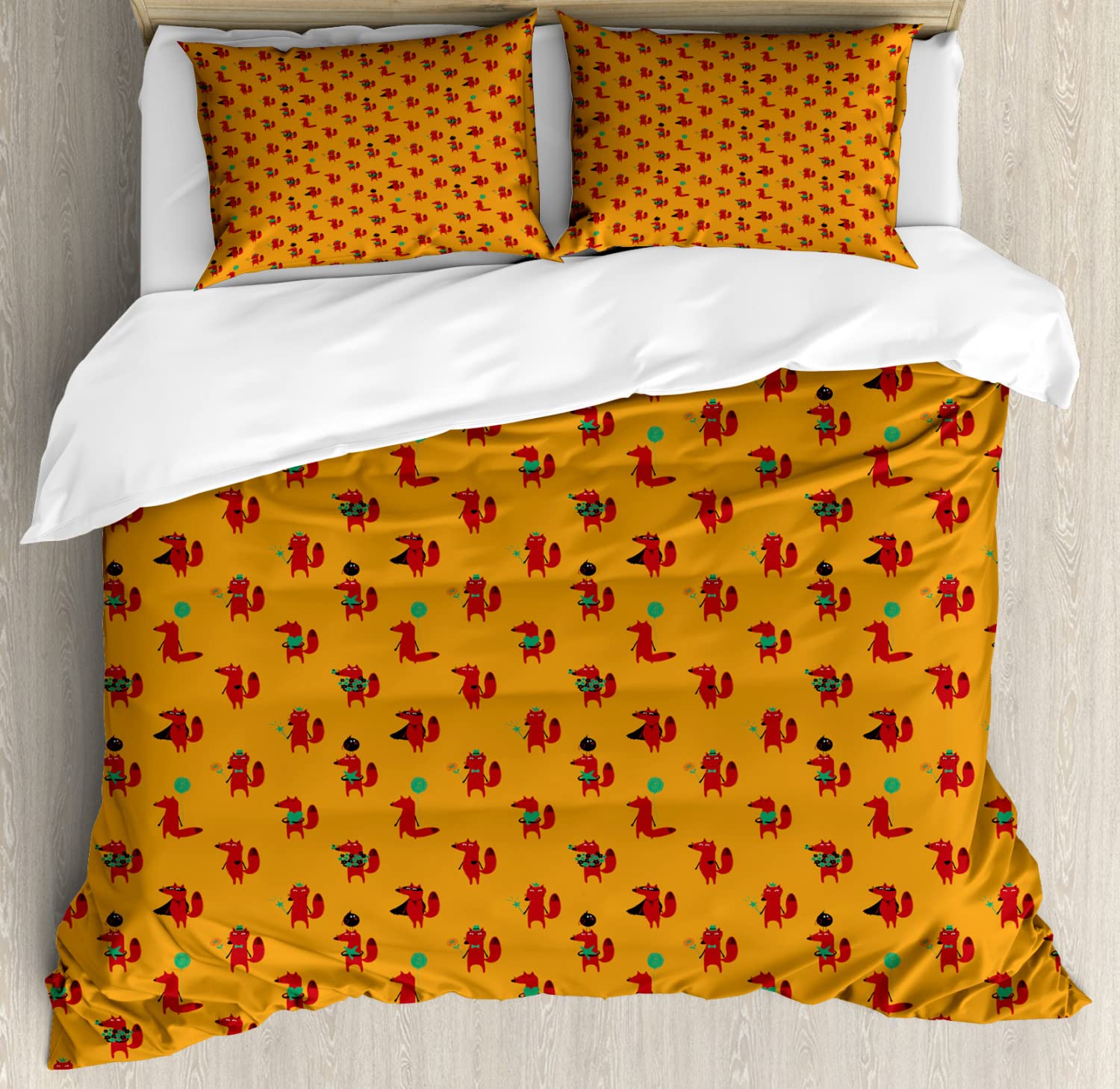 Ambesonne Fox Duvet Cover Set - Twin Size 2-Piece Bedding with Fun Doodle Animal Pattern (Marigold Multicolor) for Kids' Room, Teen Bedroom or Dorm Decor