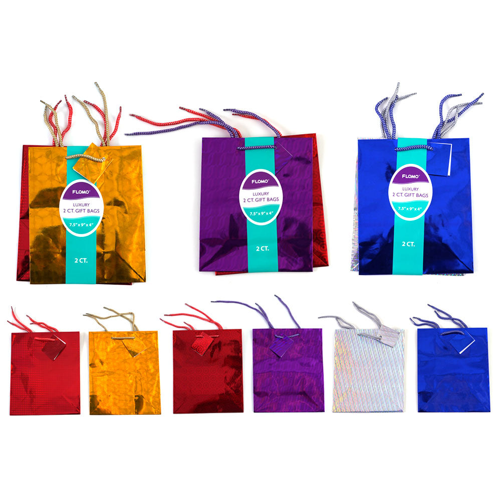 2-Pack Medium Holographic Gift Bags - 6 Vibrant Colors for Birthday, Christmas & Party Favors | Reusable Shiny Present Bags for Gifts, Wedding Favors & Special Occasions