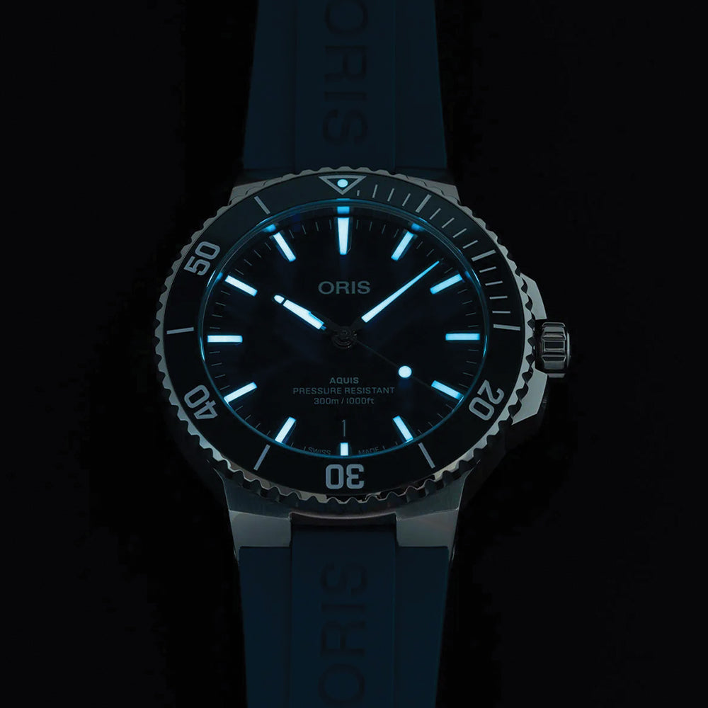 Aquis Date 41.5mm Blue Dial Men's Dive Watch with Rubber Strap - Waterproof Luxury Timepiece for Swimming, Diving & Everyday Wear