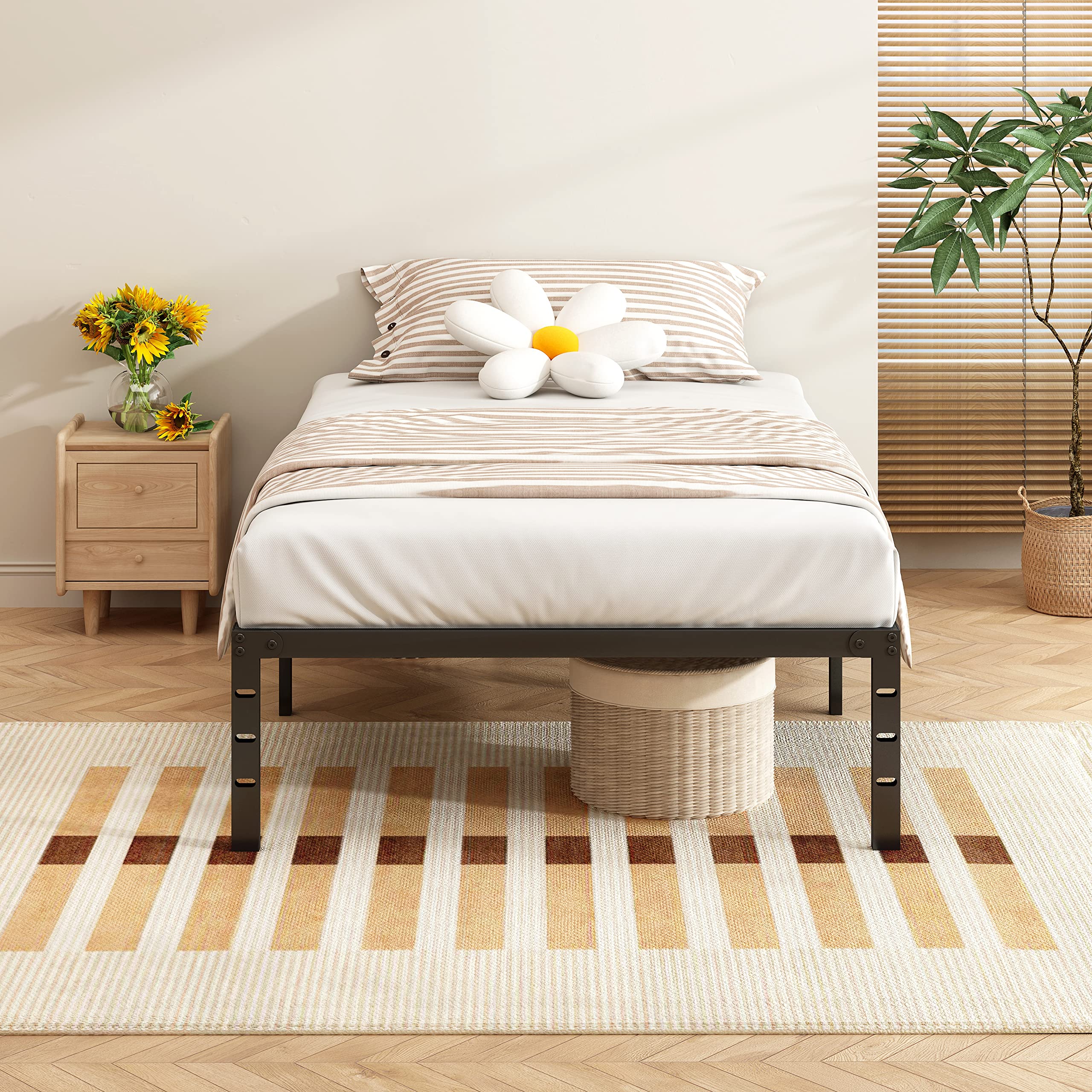 Sturdy 14 Inch Black Reinforced Metal Bed Frame with Steel Bar Support - Easy Assembly & Transport, Under Bed Storage Space - Perfect for Twin Beds in Dorms, Apartments & Guest Rooms