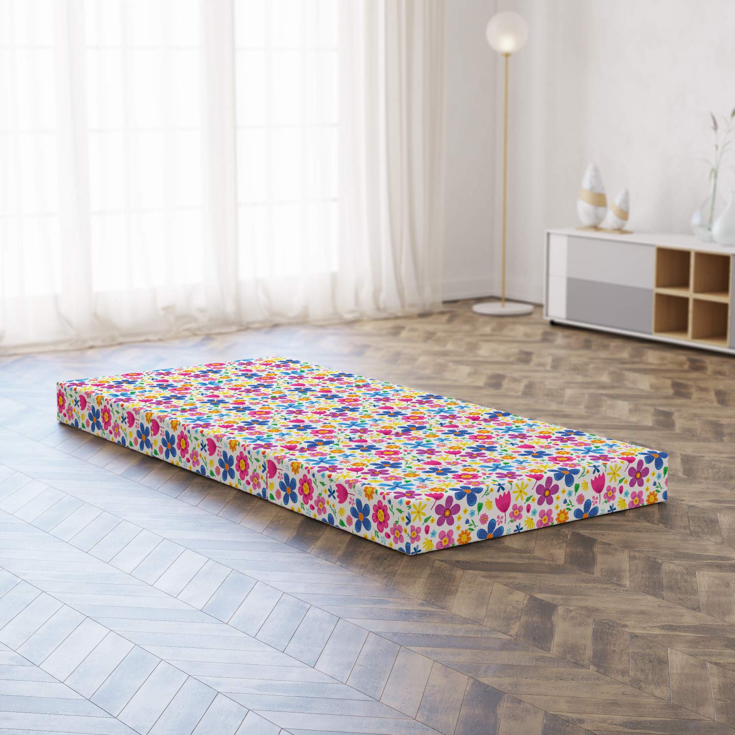 Ambesonne Floral Foldable Mattress - Funny Spring Cartoon Flowers Design, 74.8