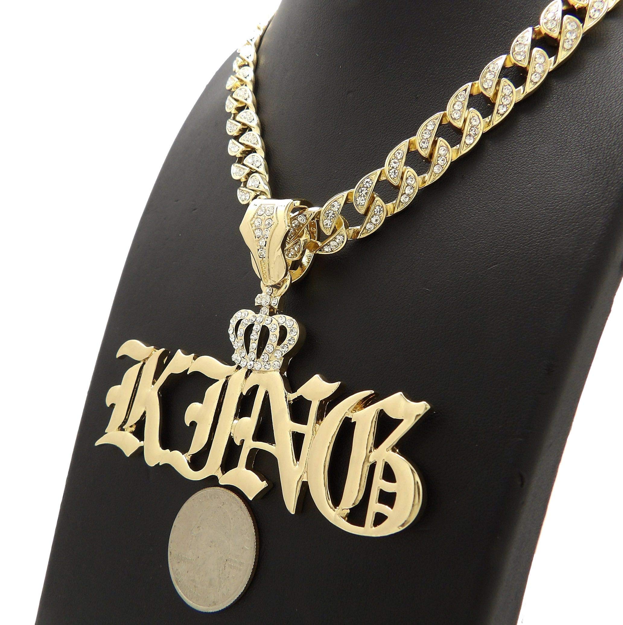 NYFASHION101 10mm Iced Out Miami Cuban Chain Necklace with Stone Stud Crown King Pendant - Hip Hop Jewelry for Men, Bling Accessory for Rappers & Streetwear Fashion