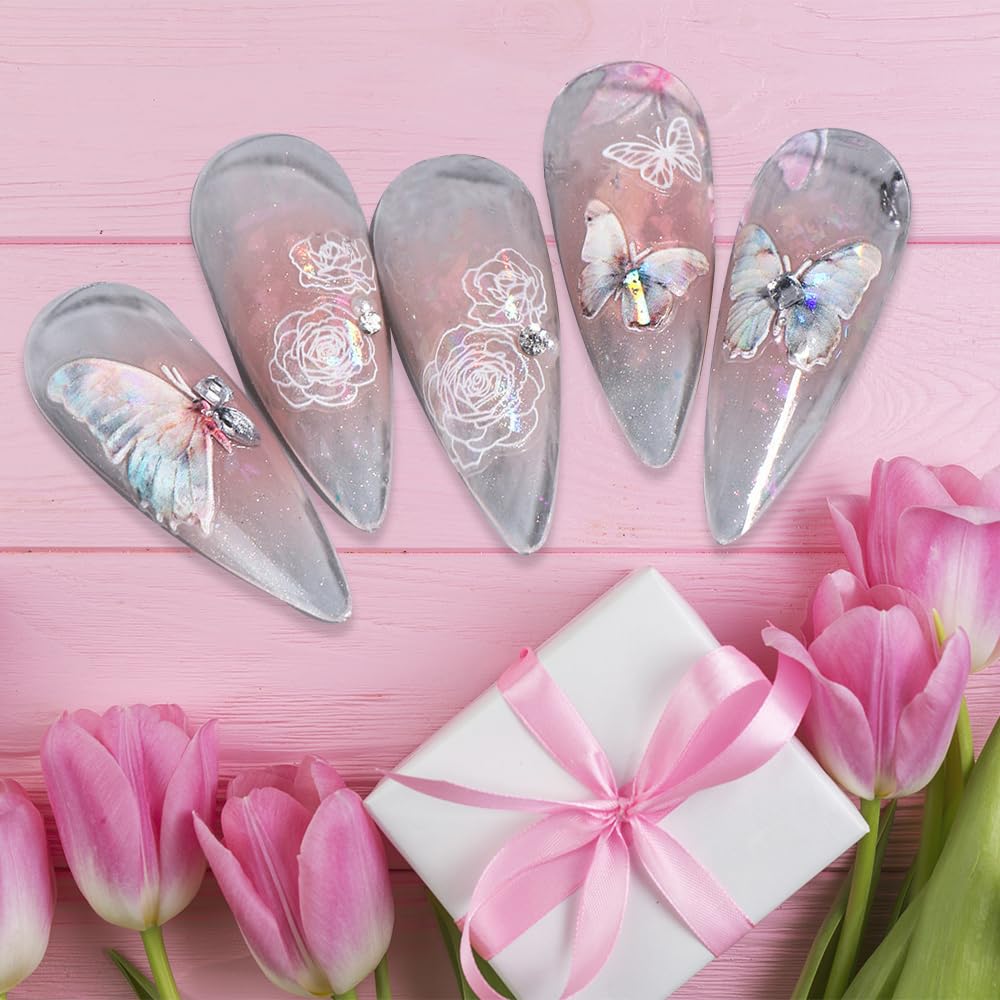 5D Aurora Butterfly Nail Stickers for Women - Cartoon Embossed Nail Art Decals with Rose Flowers | Perfect for DIY Nail Designs, Manicures, and Professional Nail Art Supplies | Great for Parties, Weddings, and Special Occasions