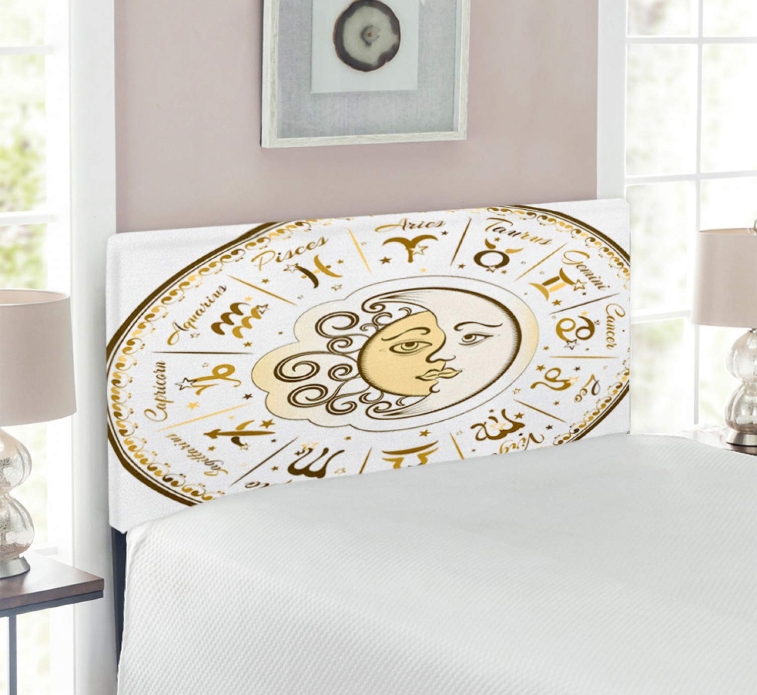 Ambesonne Zodiac Headboard - Circular Zodiac Chart with Sun & Moon Position Print, Upholstered Metal Bed Headboard with Memory Foam, Twin Size in Yellow Beige | Perfect for Bedroom Decor & Astrology Lovers