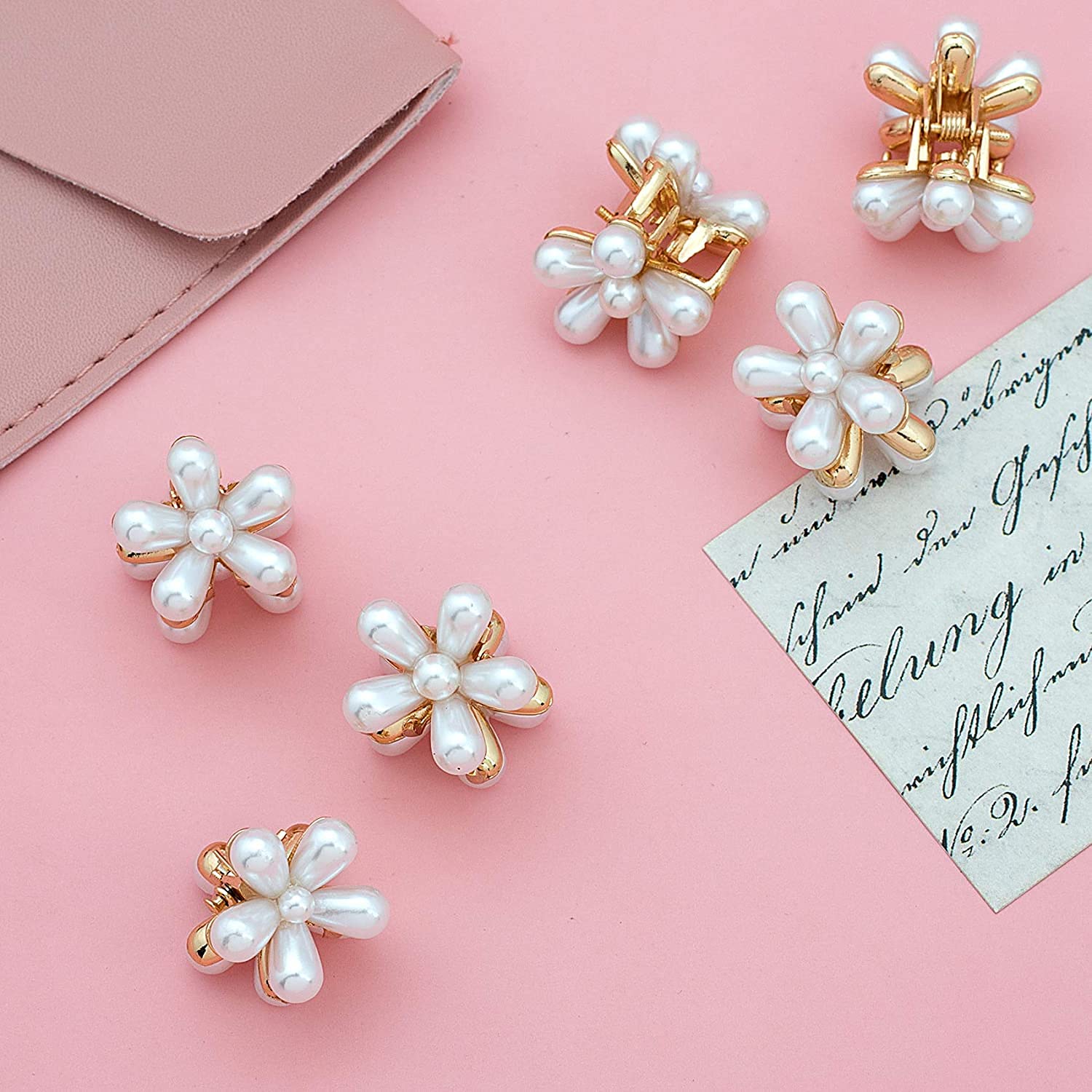 DENICRAAS Pearl Flower Hair Claw Clip Set - 2PCS Mini Pearl Hair Clips for Women, Small White Bridal Hair Accessories, Fashion Hair Claw for Wedding, Party & Everyday Use