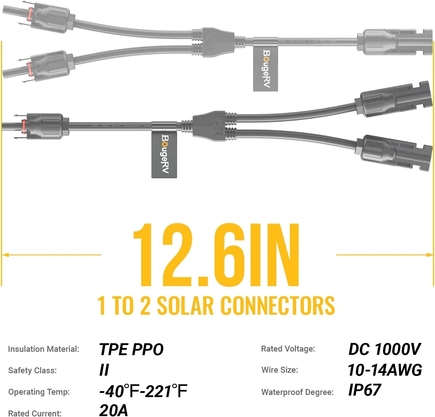 BougeRV Solar Connectors Y Branch Parallel Adapter Cable Wire - 10 AWG Solar Panel Extension Cable for RV, Boat, Off-Grid Power Systems | Weatherproof & Durable Solar Energy Connectors