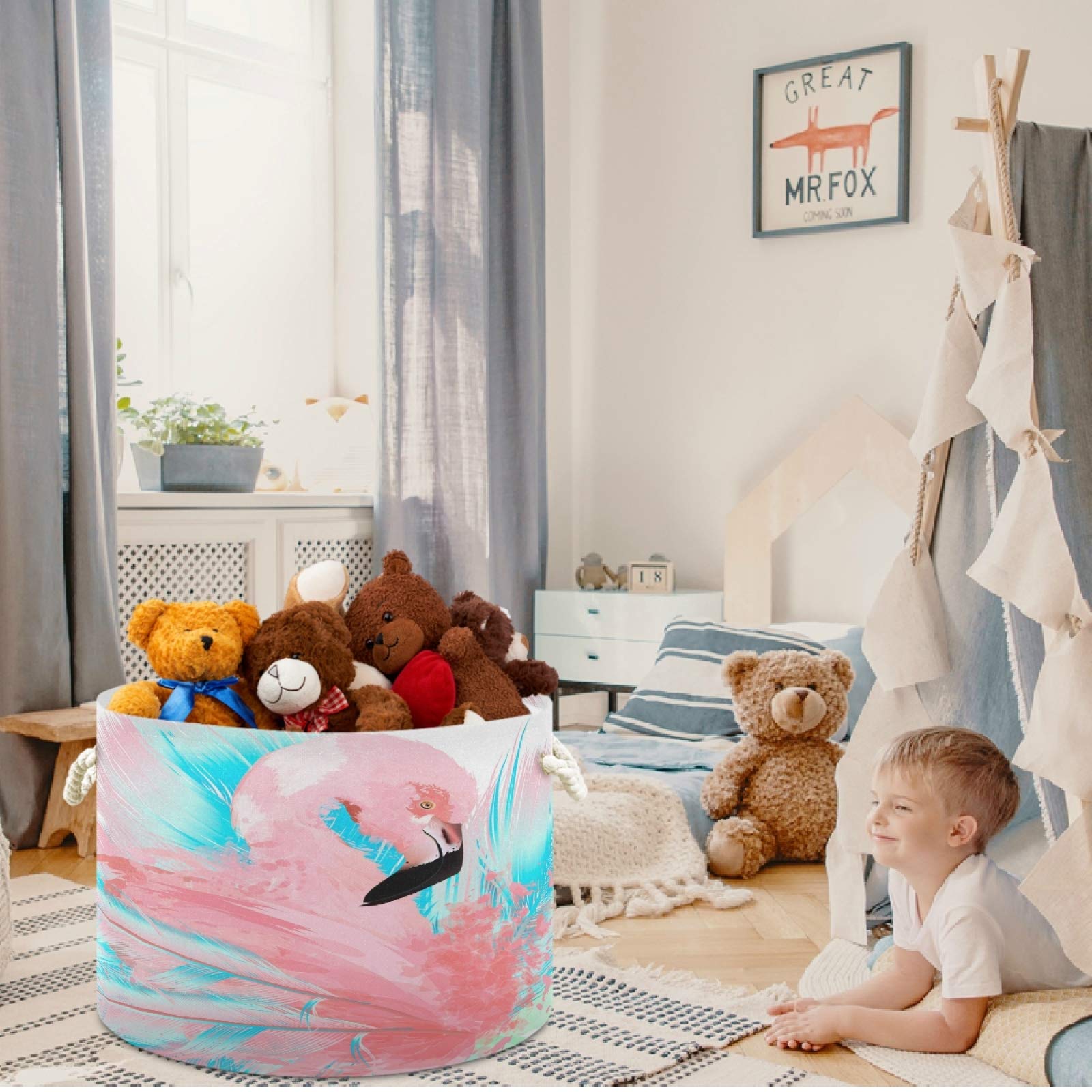 Visesunny Artistic Flamingo Collapsible Storage Basket - Large Capacity Cotton Handled Organizer Bin for Home, Office, Bedroom, Closet, Toys & Laundry | Perfect for Organizing, Decorating & Space Saving