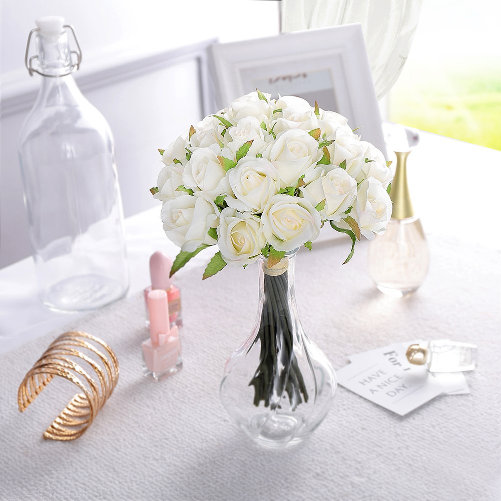26 PCS Ivory Silk Rose Artificial Flowers - Fake Rose Heads for Wedding Bouquet, Bridesmaids Arrangement, DIY Home & Office Decor - Perfect for Wedding, Party, and Event Decorations (Ivory)