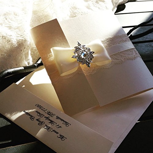 Elegant Lace Wedding Invitations with European Bow - Set of 25 Boho Chic Pocketfold Cards with RSVP Cards | Perfect for Rustic, Vintage & Outdoor Weddings