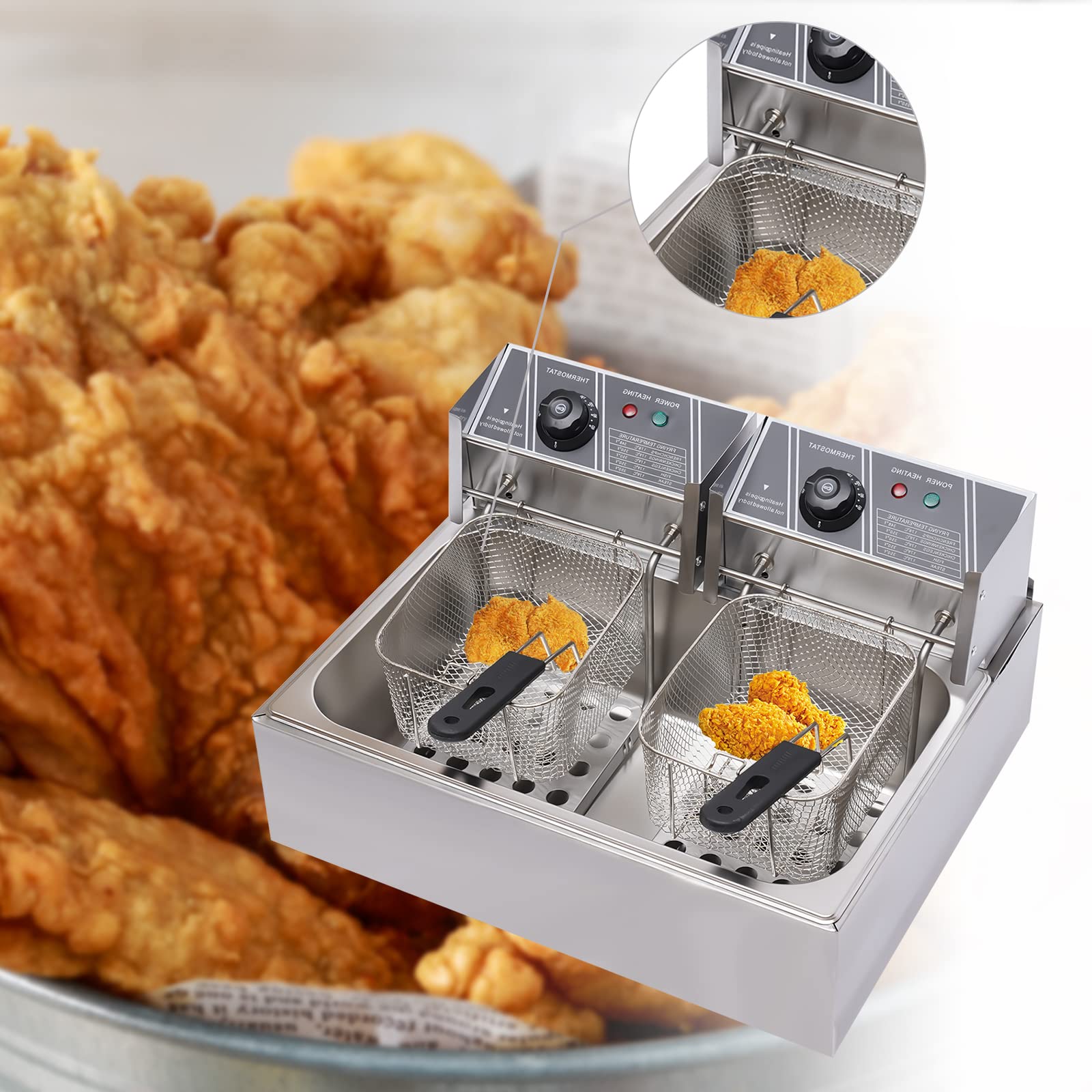 12.7QT Stainless Steel Electric Deep Fryer with Baskets & Lid - 12L Countertop Oil Fryer for Home Kitchen, Snacks, Chicken, Fish & More - Perfect for Parties, Restaurants & Fast Food