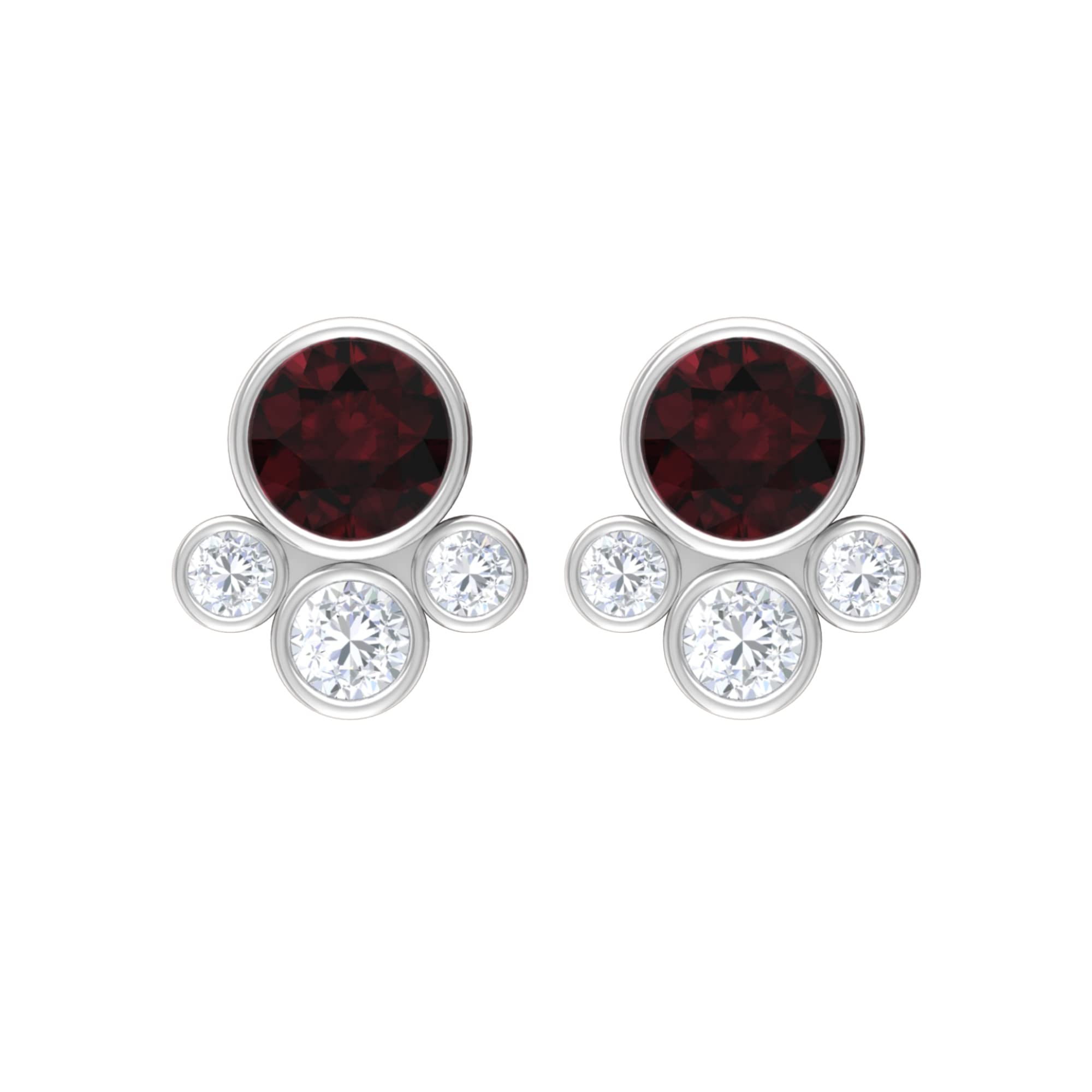 1/4 CT Garnet and Diamond Stud Earrings for Women - 14K Solid Gold Bezel Set Cluster Earrings - Red & White Contemporary Jewelry - Perfect for Weddings, Anniversaries & Special Occasions