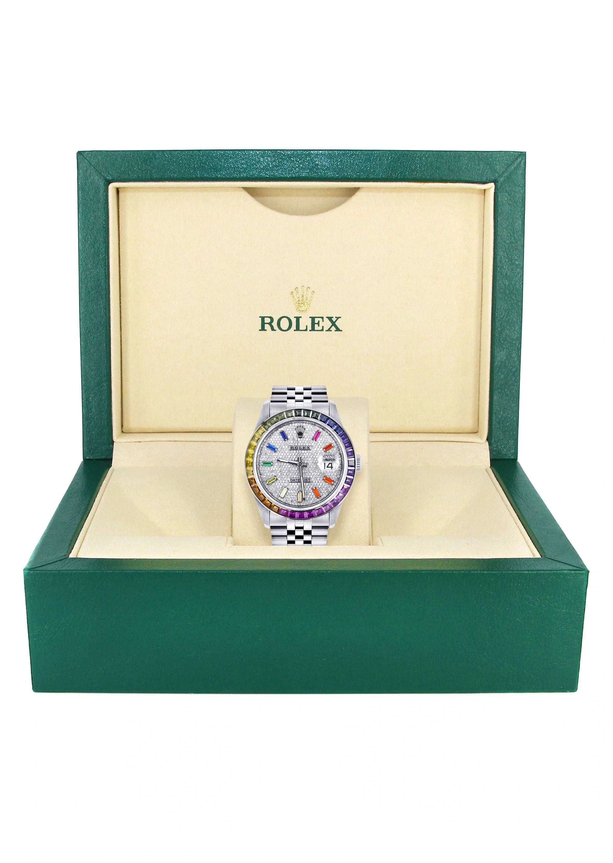 Luxury Diamond Gold Rolex Watch For Men 16200 | 36mm Stainless Steel | Rainbow Sapphire Bezel & Diamond Dial | Jubilee Bracelet | Perfect for Gifts, Weddings & Special Occasions