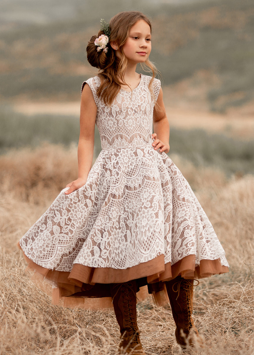 Lezah Flower Girl Dress in Chai - Elegant Lace Tea-Length Dress for Weddings & Special Occasions