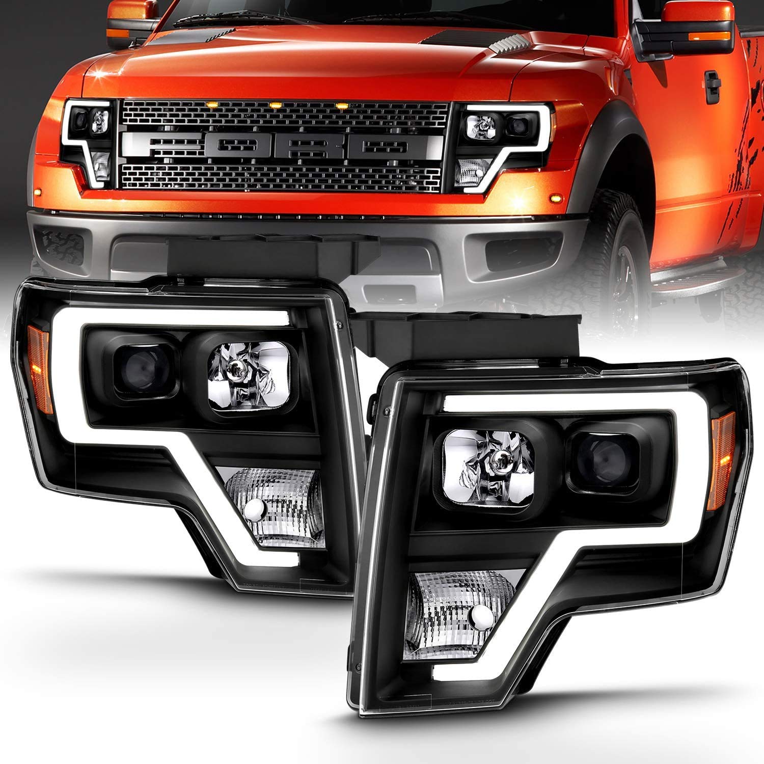 AmeriLite Square LED Projector Headlights - Black Pair for 2009-2014 Ford F150 with High/Low Beam Bulbs - Driver & Passenger Side - Perfect for Night Driving, Off-Road Adventures & Truck Customization