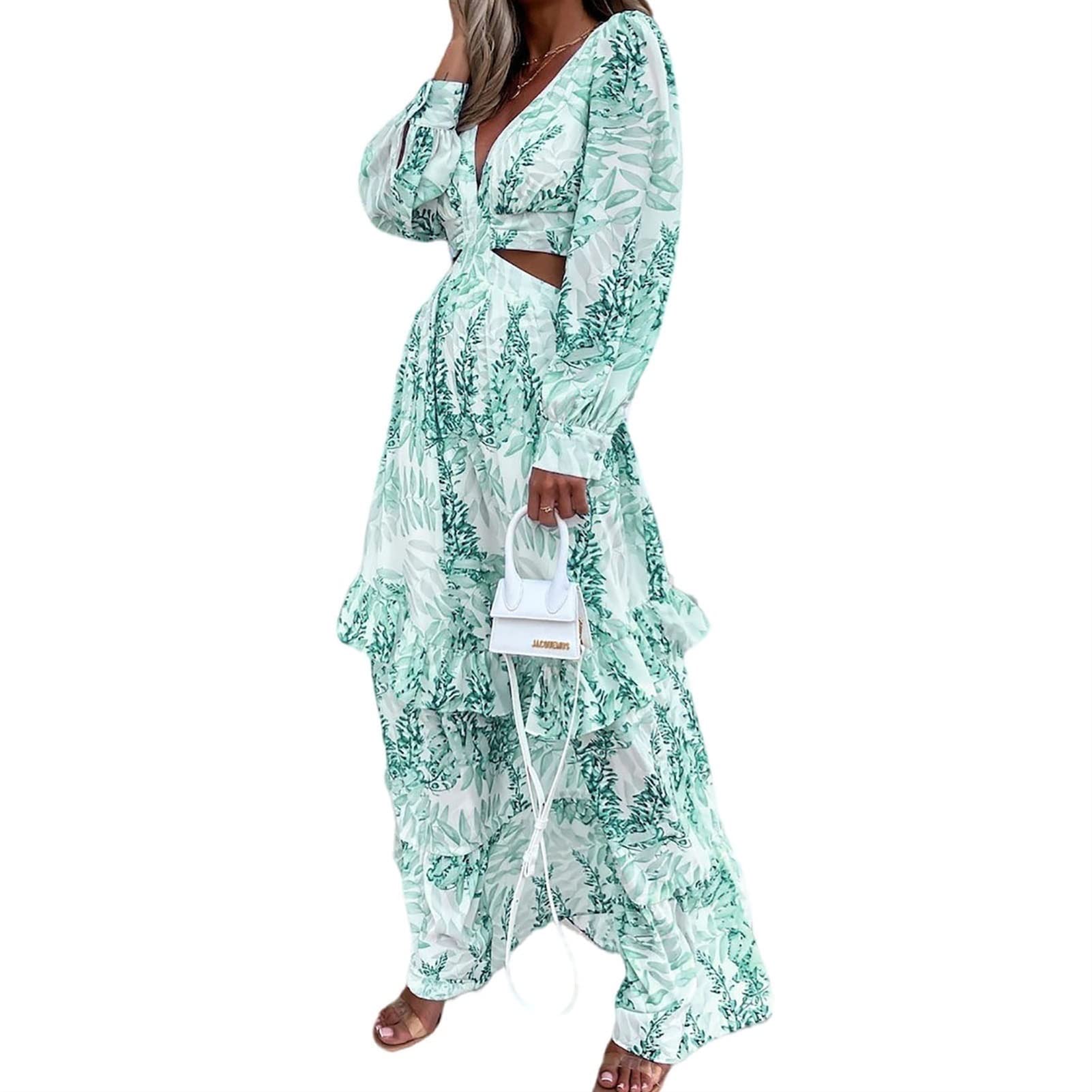 Sexy Summer Women's Casual Dresses - V Neck Open Back Hollow Puff Sleeve Dress for Everyday Wear | Green 3X-Large Size | Perfect for Beach Vacations, Date Nights & Summer Parties