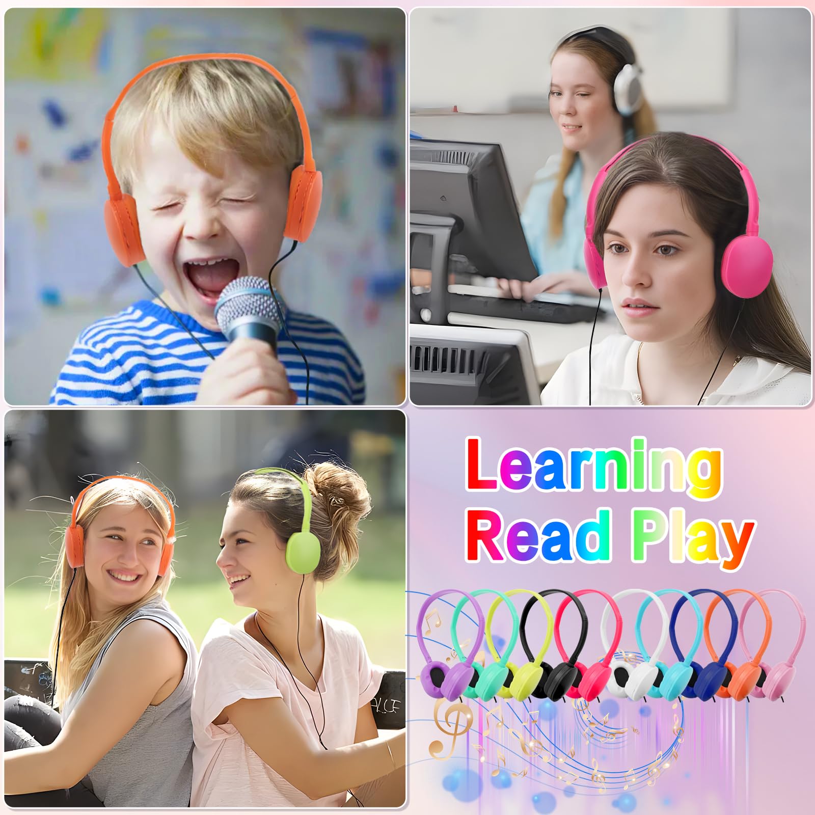 **15 Pack Bulk Wired Headphones for Kids - Adjustable School Headphones with 3.5mm Jack for Classroom, Library & Museum Use - Mixed Colors (Wholesale)**    **Usage Scenarios:** Perfect for school classrooms, online learning, libraries, museums, and educational institutions.