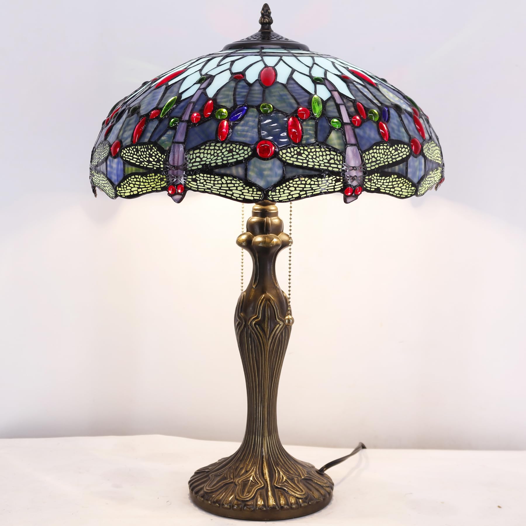 Tiffany Style Table Lamp - Blue Stained Glass Dragonfly Design with Metal Base, 16x16x24 Inches, Bedside Desk Reading Light for Bedroom, Living Room & Home Office Decor | Perfect for Cozy Reading Nooks & Elegant Home Accents (S004 Series)