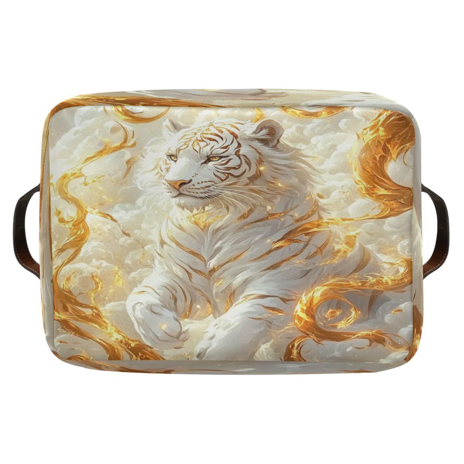 Large Foldable Storage Baskets with Handles - 2 Pack Golden Swirling White Tiger Pattern for Home Organization, Closet & Shelf Storage | Perfect for Bedroom, Bathroom & Kids Room Organization