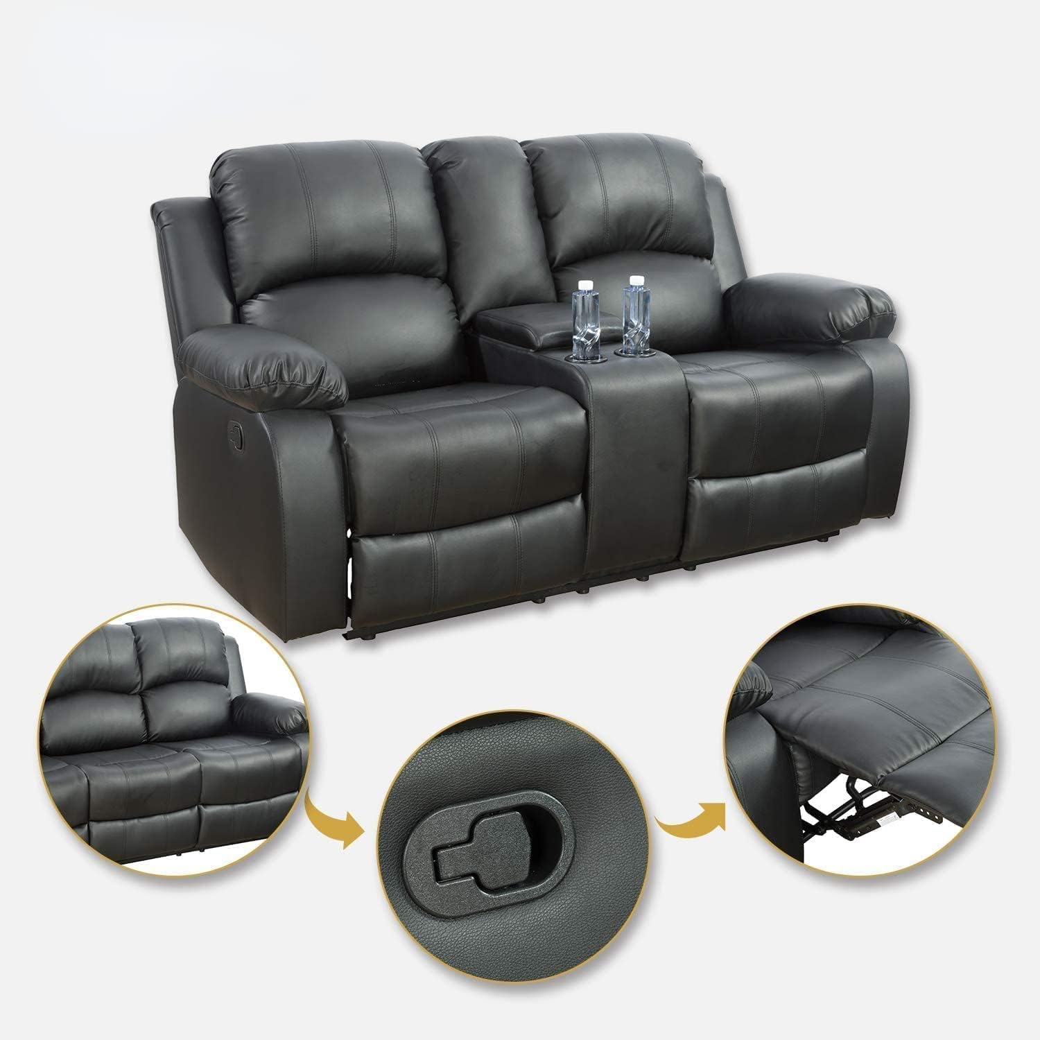 Premium Bonded Leather Reclining Sofa Set - 3 Piece Living Room Furniture (Loveseat & Recliners, Black) for Home Theater & Family Relaxation