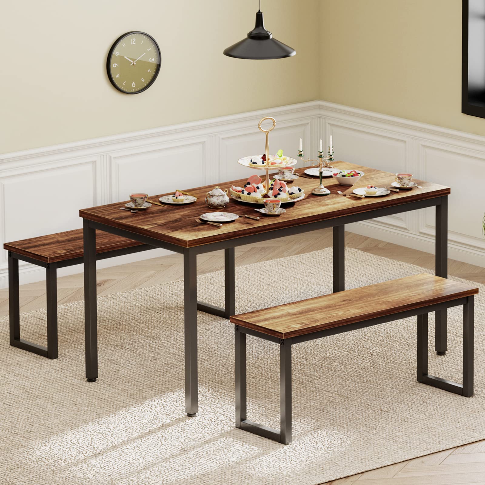 Soges 3-Piece Industrial Style Wooden Kitchen Table Set with 2 Benches - Dining Room Table for 4, Breakfast Nook & Coffee Table - Perfect for Small Spaces, Apartments & Farmhouse Kitchens